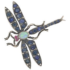 Antique Dragonfly Pin with Sapphires Diamond, Ruby and Opal in 14 Karat and Sterling