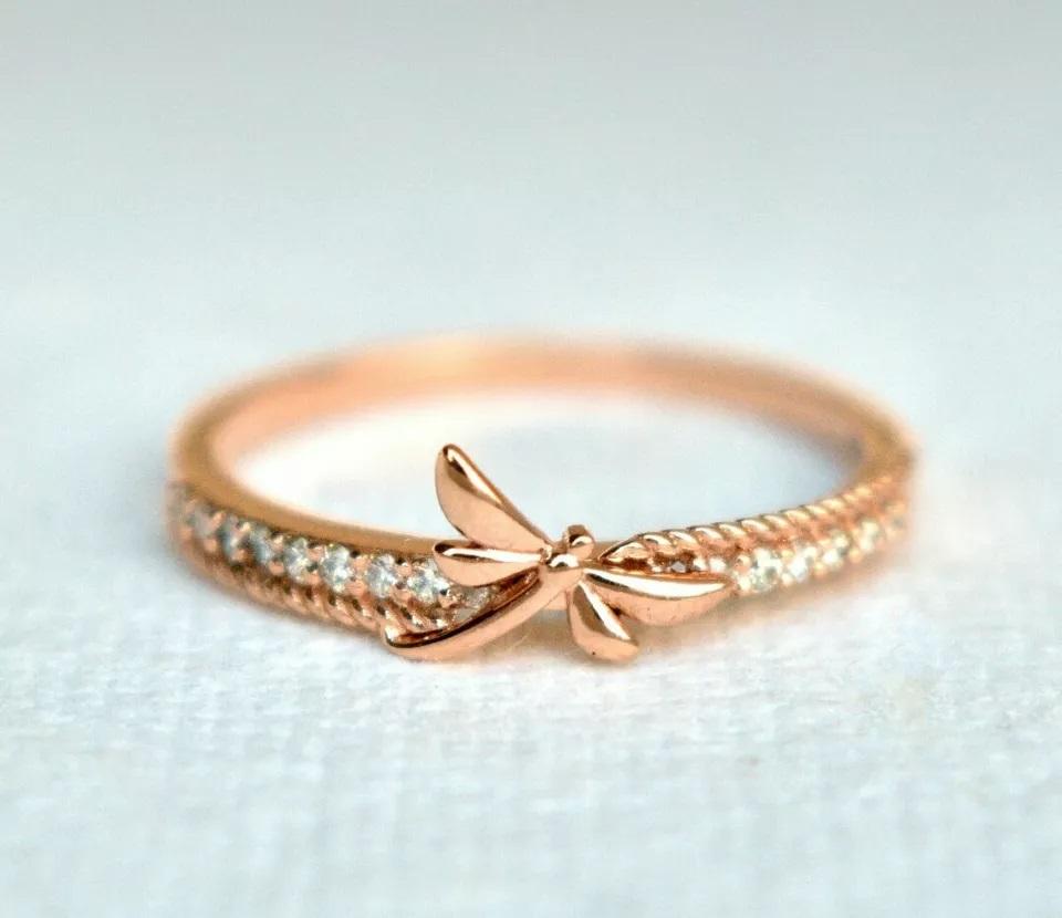 Taille ronde Bague Libellule Diamant Naturel Bijoux Insecte Demoiselle Or massif 14k en vente