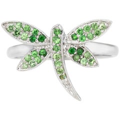 Dragonfly Ring Tsavorite Green Garnet Estate 14 Karat White Gold