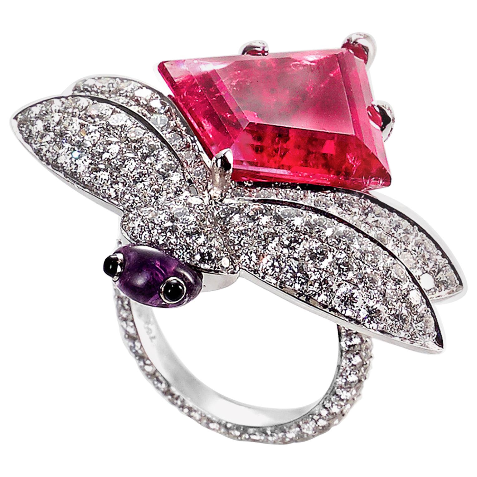 Dragonfly Rubellite Tourmaline and Diamond Cocktail Ring For Sale