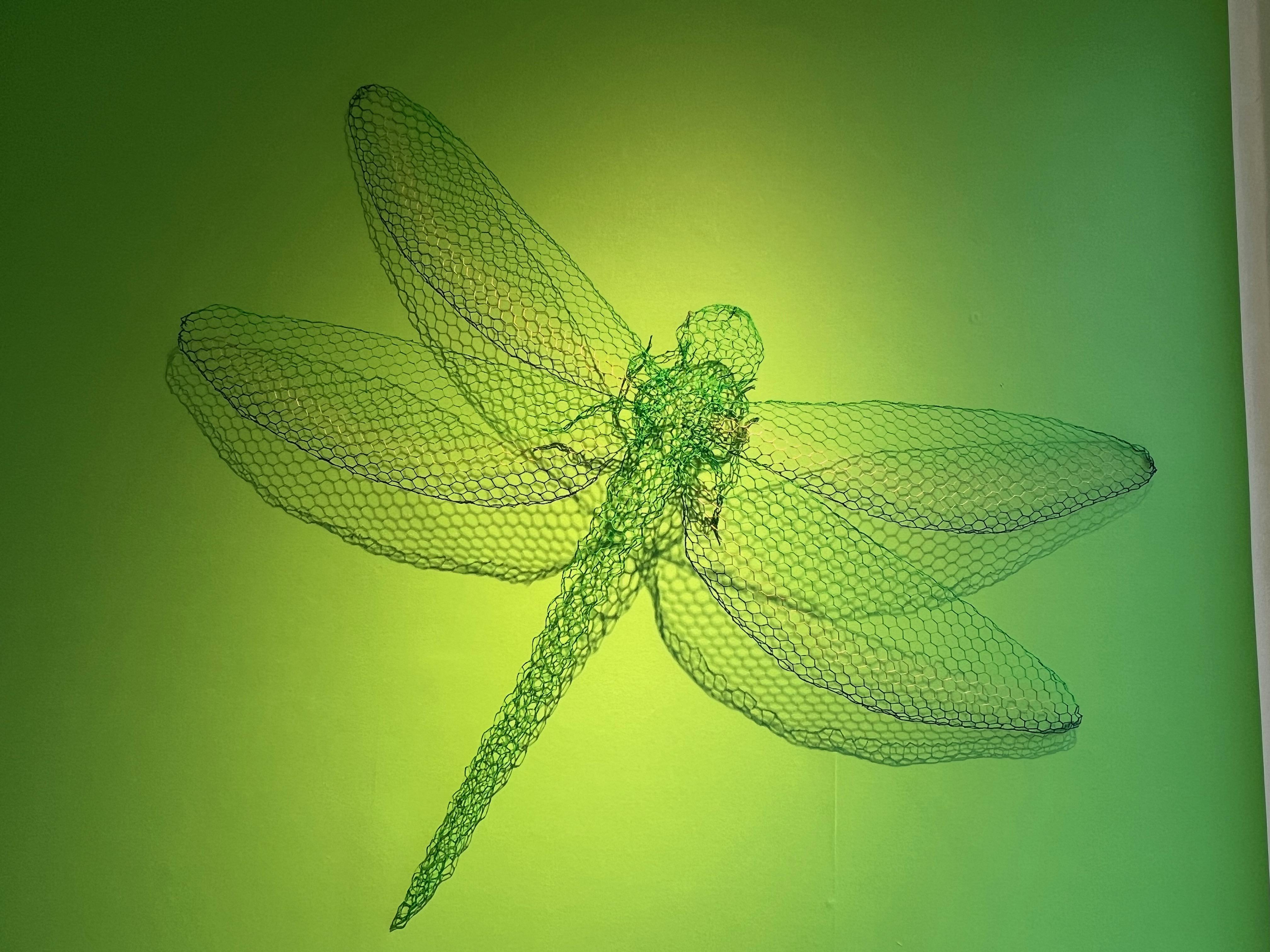 Hand-formed wire sculpture of a shimmering dragonfly, finished in bright green blue and gold enamel paint.