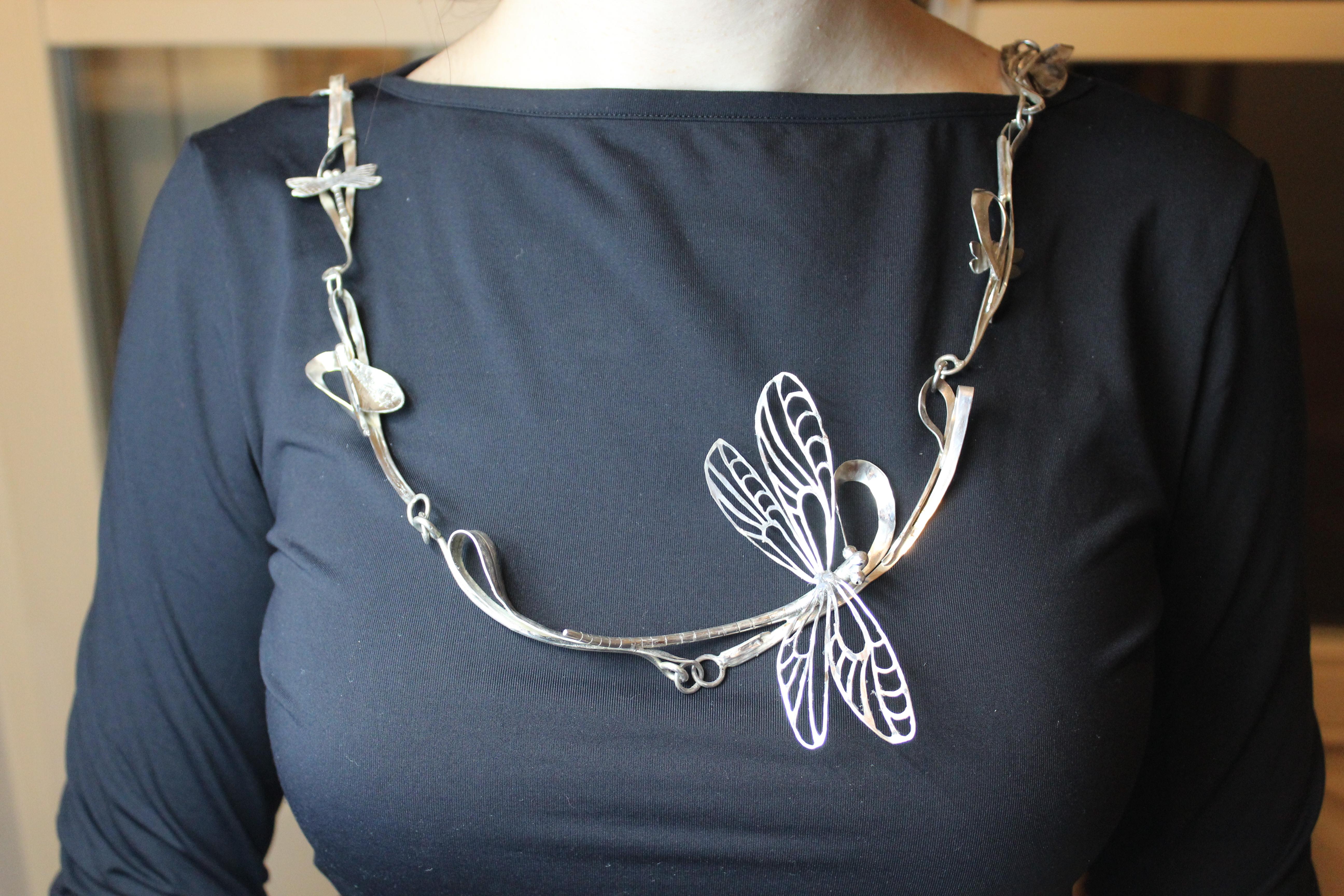 Artist Dragonfly Sterling Silver Choker, Handmade, Italy For Sale