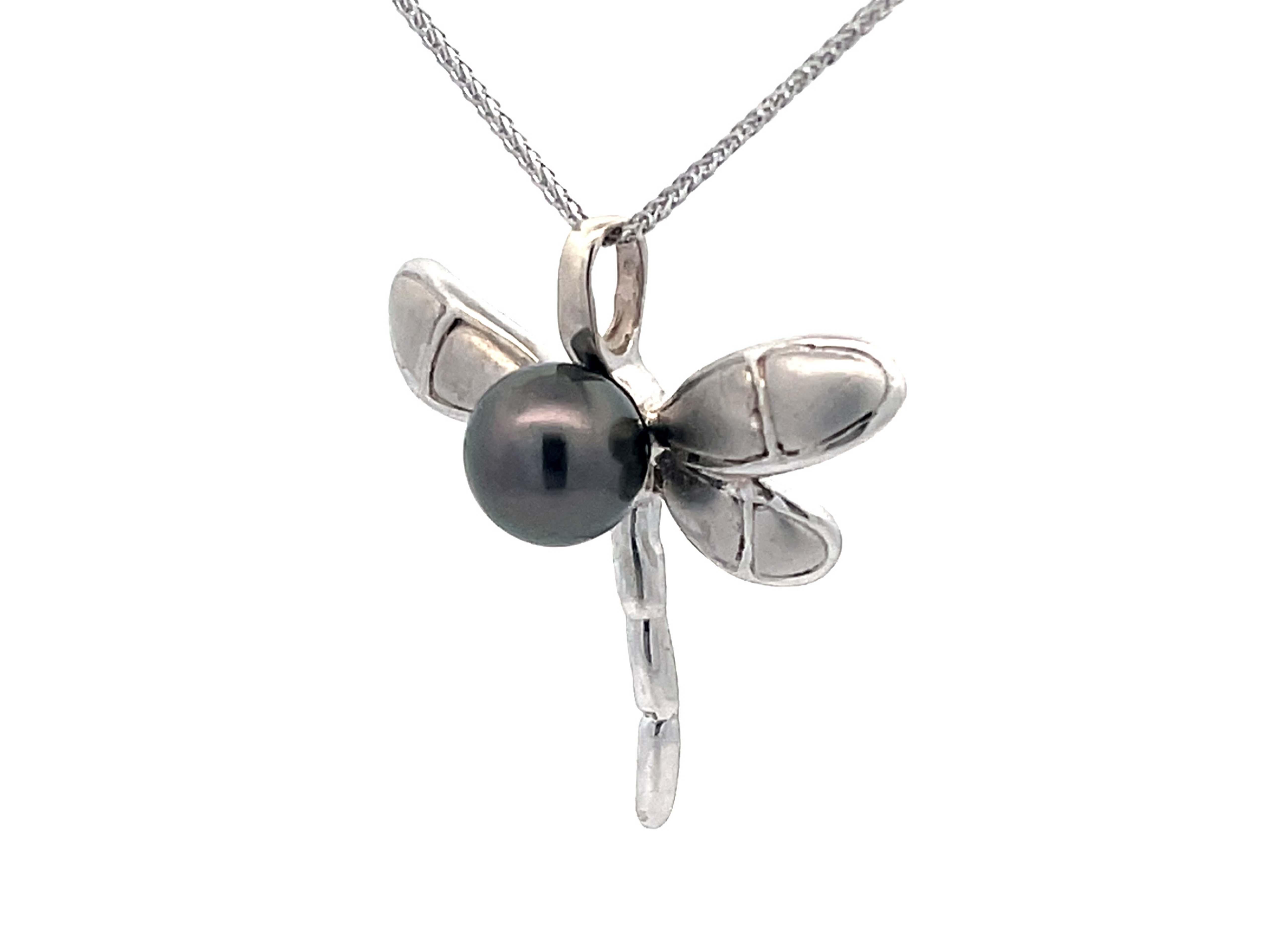 Modern Dragonfly Tahitian Pearl Pendant on Chain in 14k White Gold For Sale