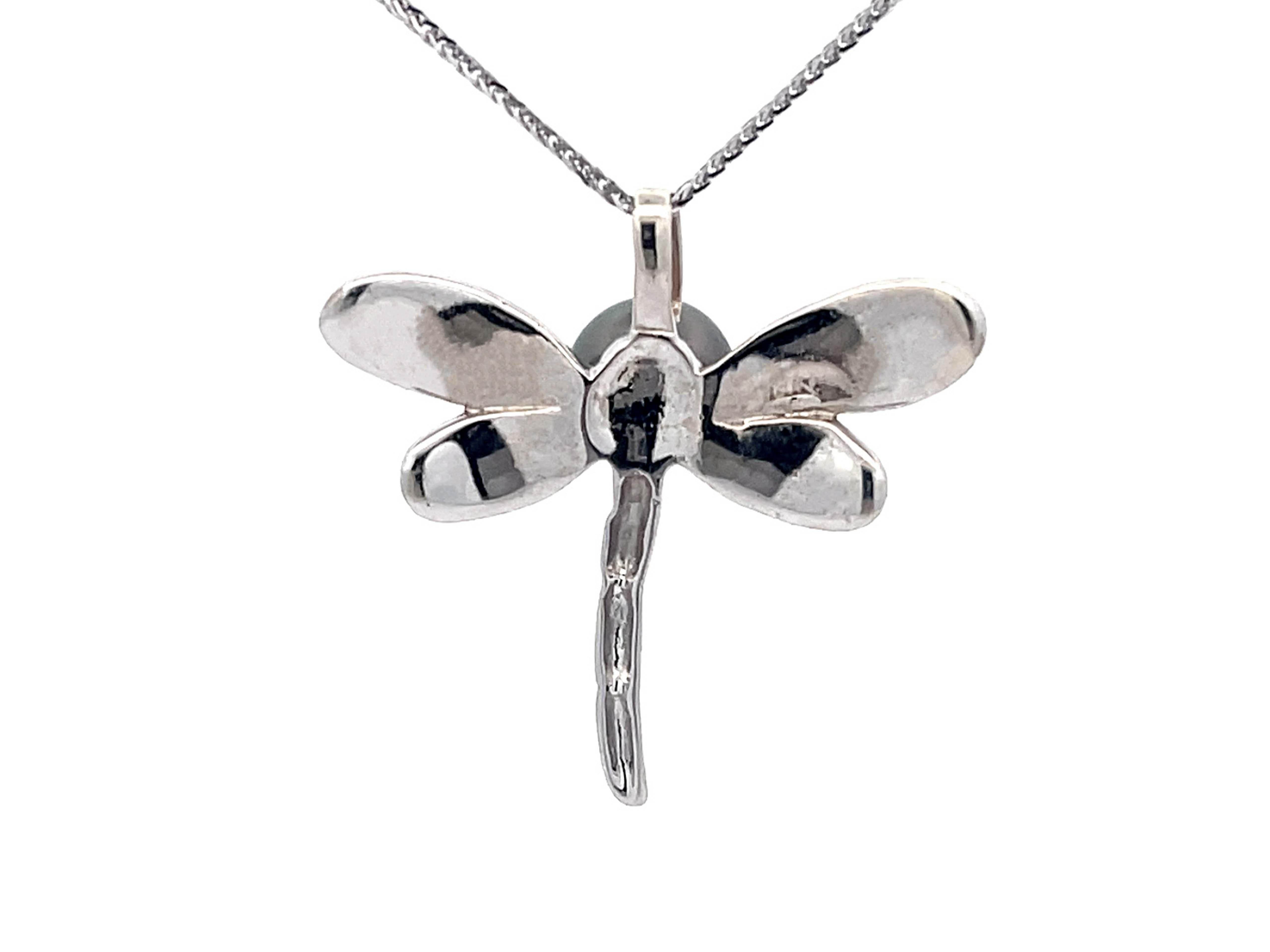 Women's or Men's Dragonfly Tahitian Pearl Pendant on Chain in 14k White Gold For Sale