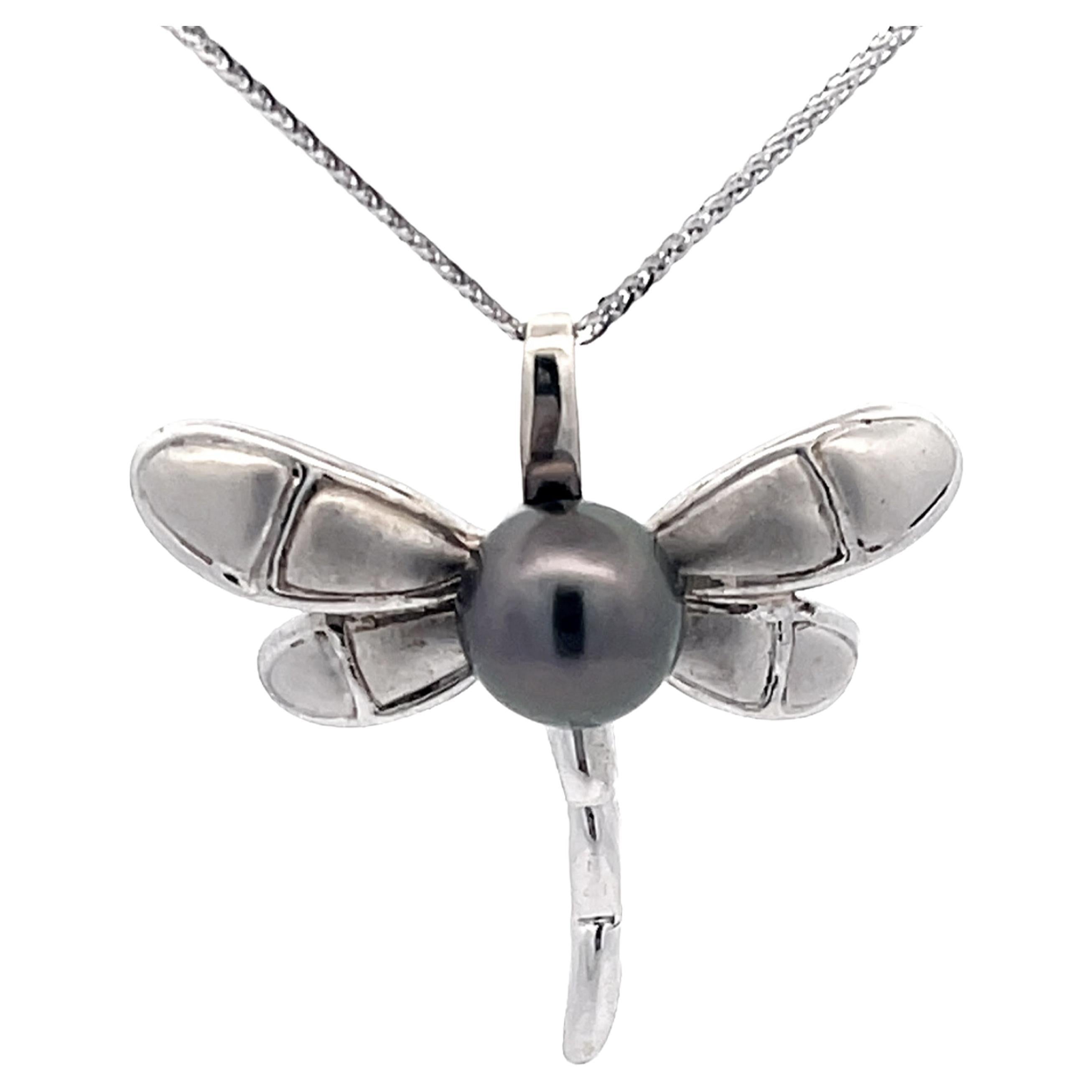 Dragonfly Tahitian Pearl Pendant on Chain in 14k White Gold For Sale