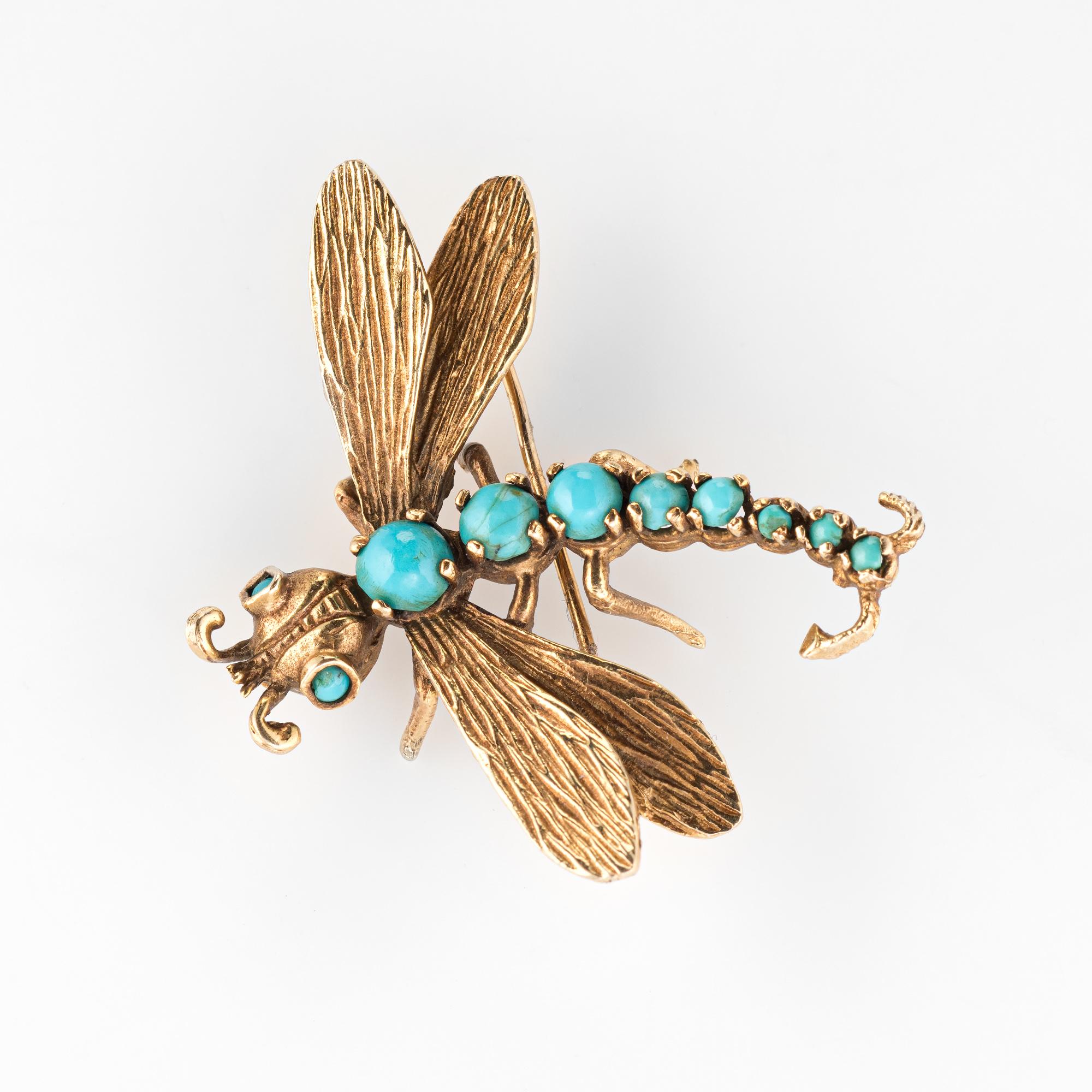 Modern Dragonfly Turquoise Brooch Vintage 14k Yellow Gold Estate Fine Jewelry Insect