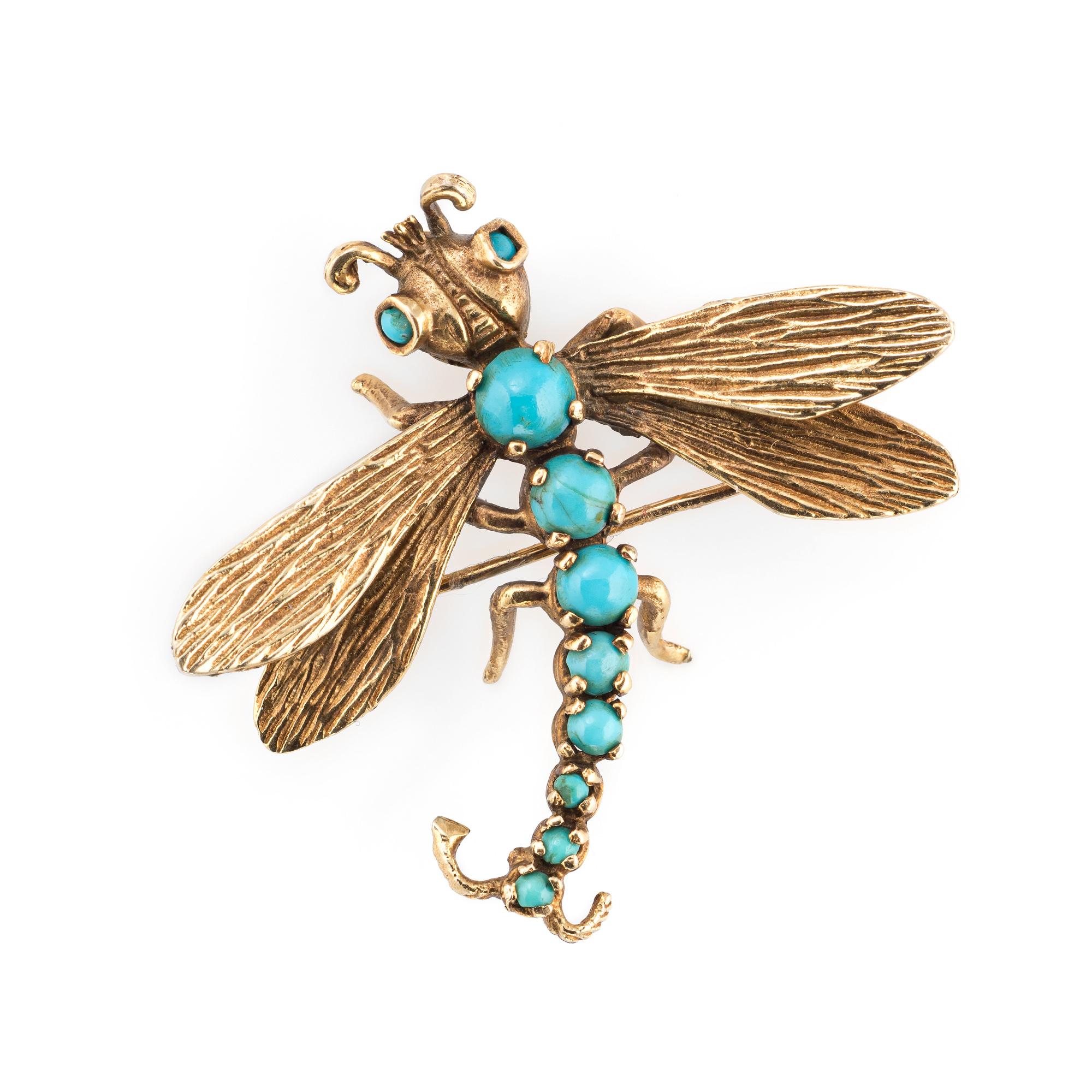 Cabochon Dragonfly Turquoise Brooch Vintage 14k Yellow Gold Estate Fine Jewelry Insect