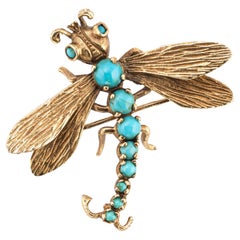 Dragonfly Turquoise Brooch Vintage 14k Yellow Gold Estate Fine Jewelry Insect