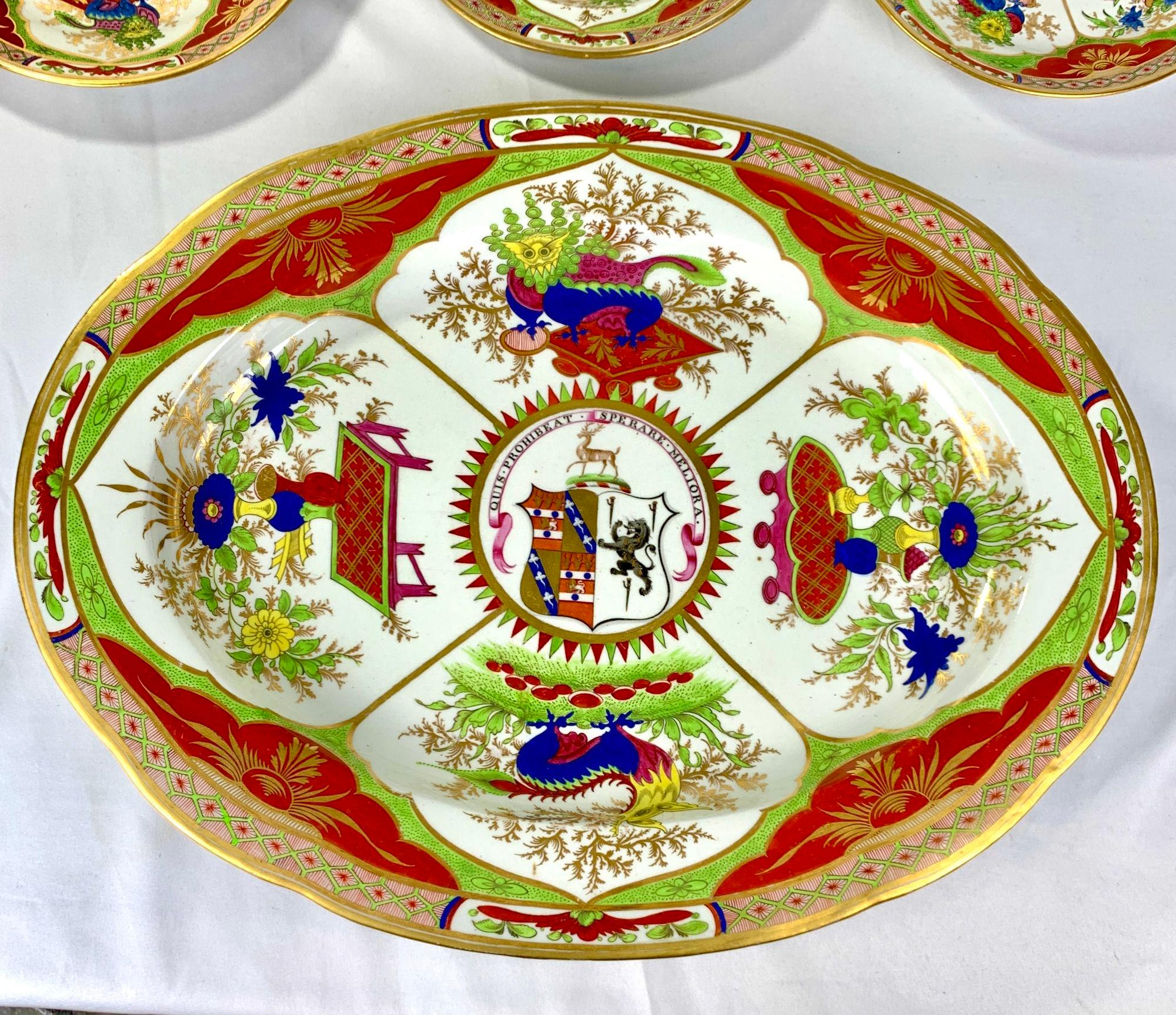 The large platter and three plates in the Dragons in Compartments pattern were hand-painted by Chamberlains Worcester in England between 1800 and 1820.
The pattern is an English interpretation of Chinese export porcelains from the Kangxi period.
It