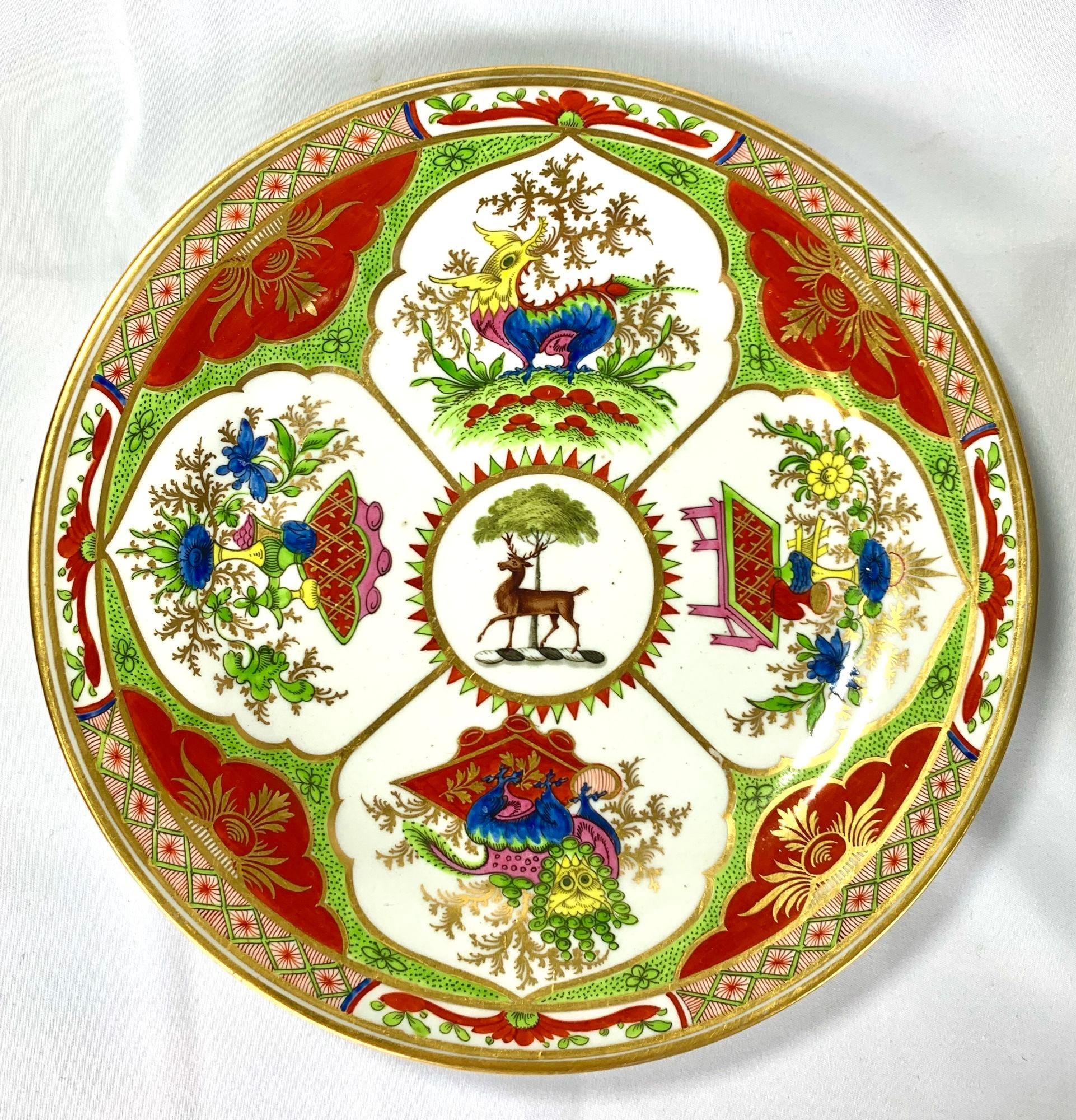 Hand-Painted Dragons in Compartments Porcelain Platter & 3 Plates Worcester Hand Painted 1820