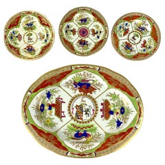 Dragons in Compartments Porcelain Platter & 3 Plates Worcester Hand Painted 1820