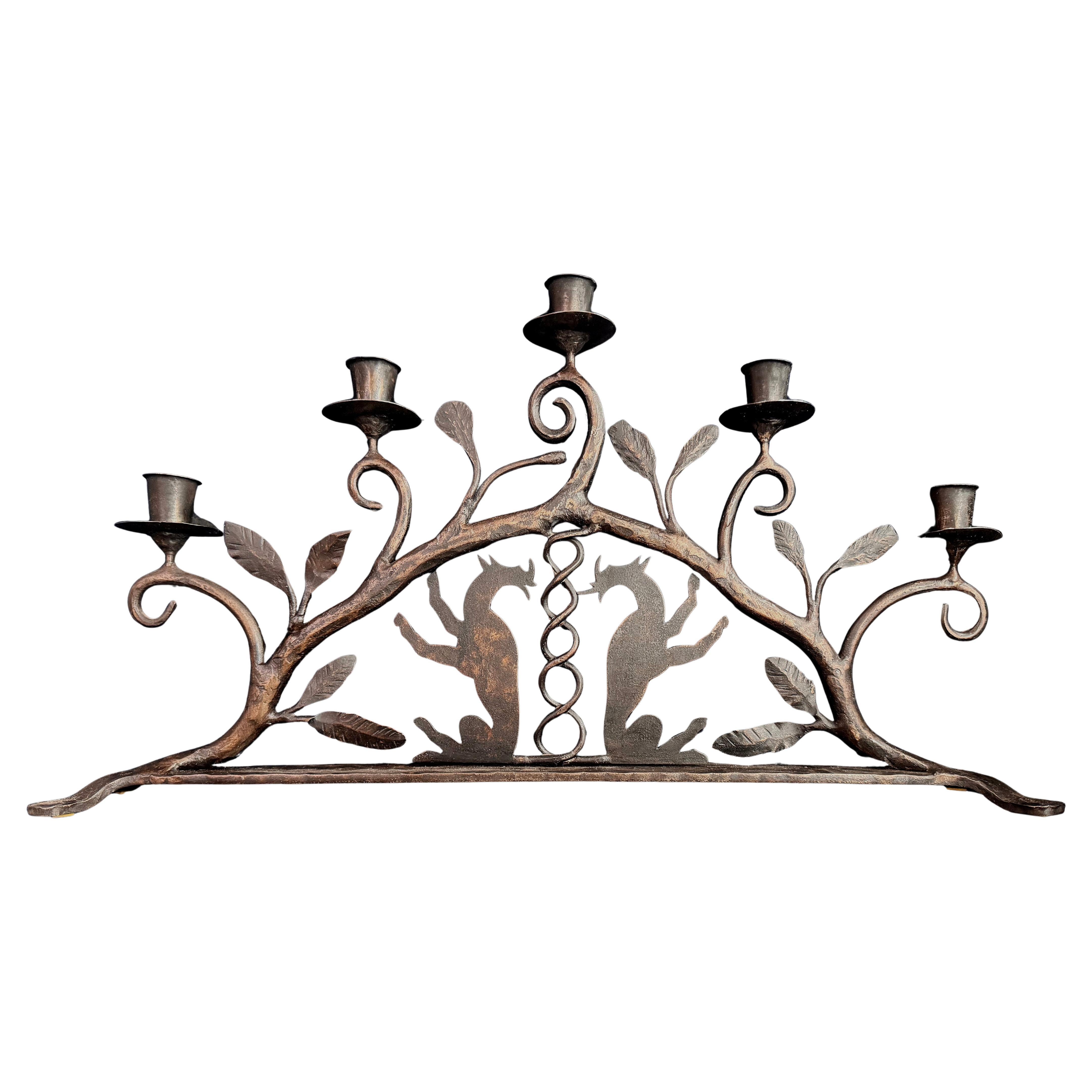 "Dragons Rampant", 1920s Five-Light Art Deco Wrought Iron Candelabra, Sweden For Sale