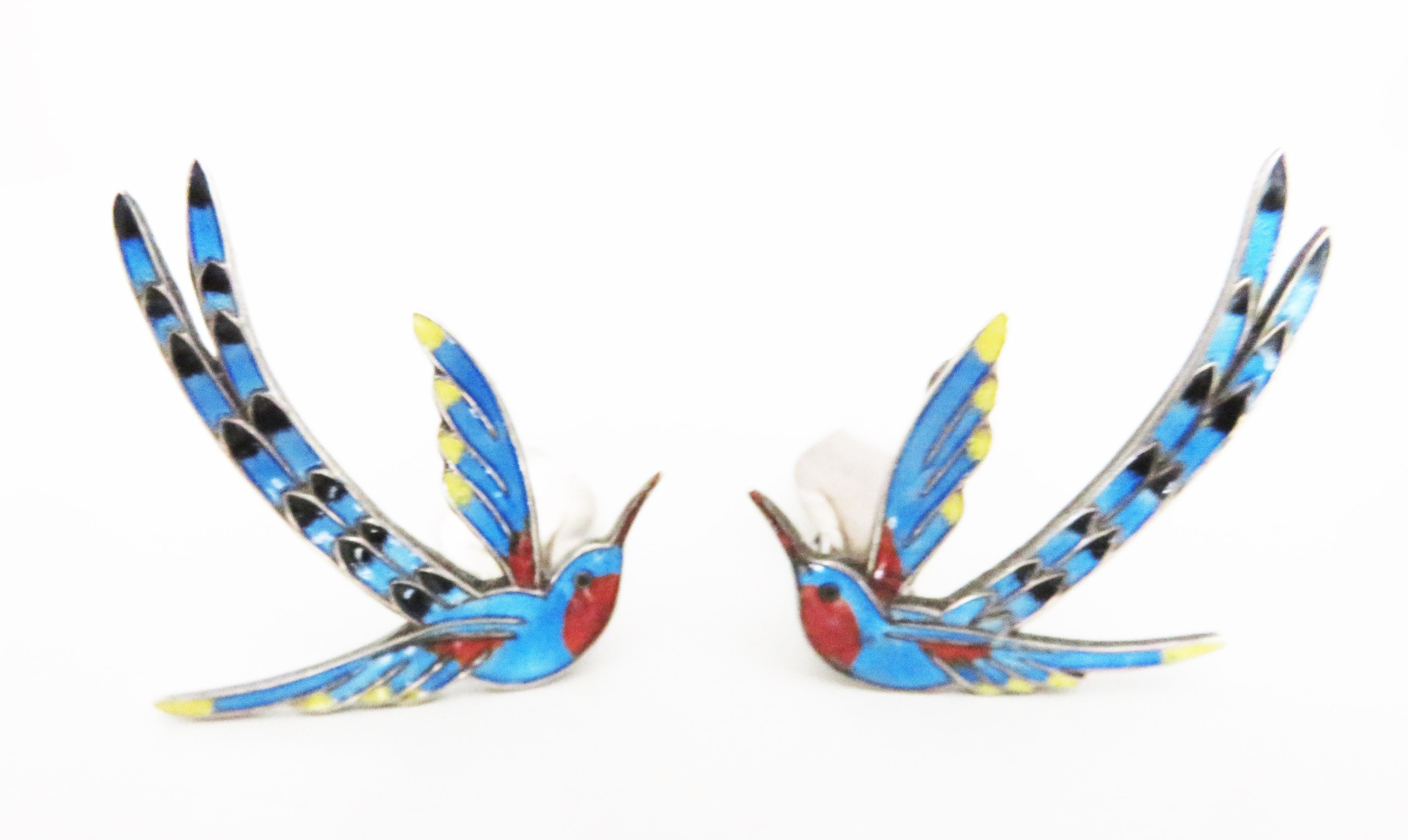 Dragsted 1950s Sterling Silver Enamel Hummingbird Earrings In Good Condition In Water Mill, NY