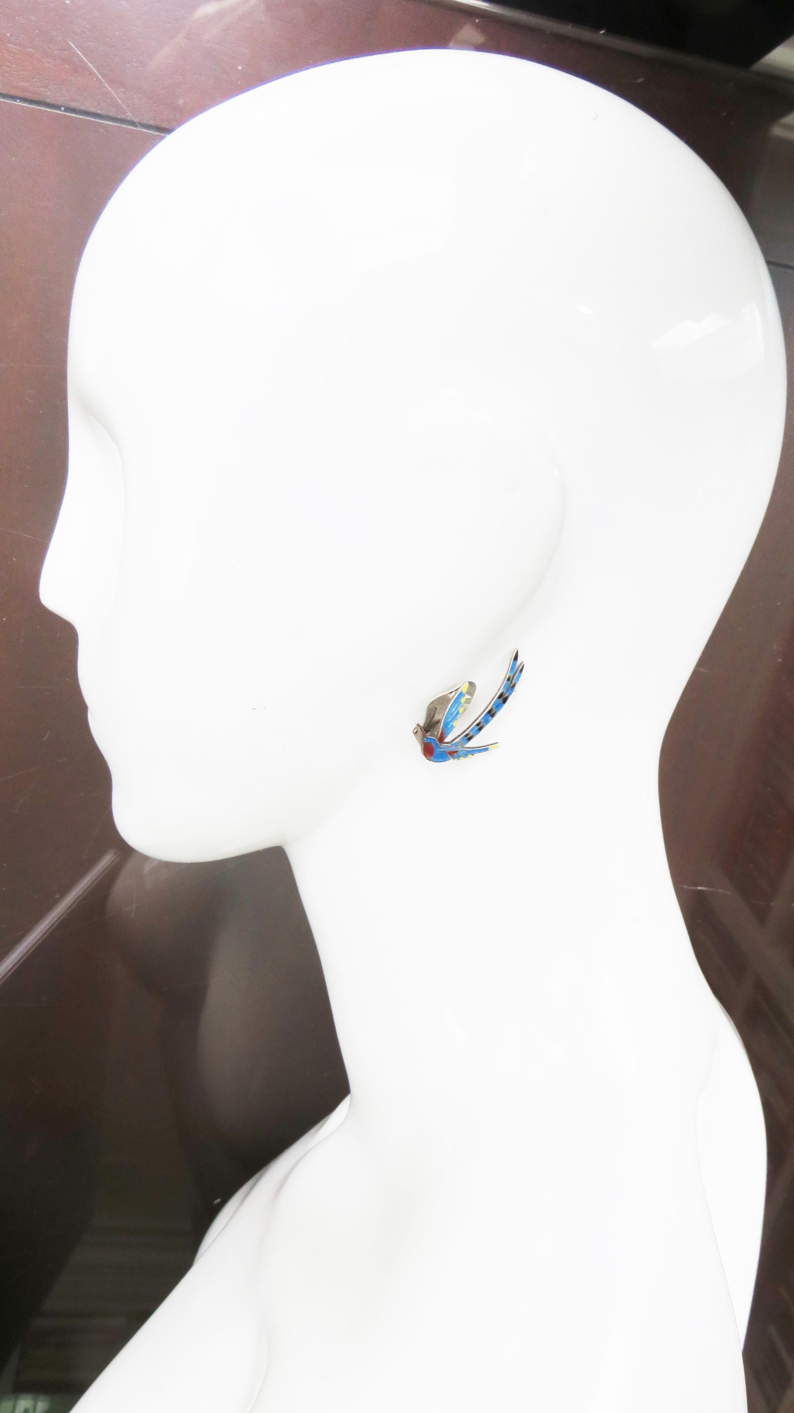 Dragsted 1950s Sterling Silver Enamel Hummingbird Earrings 1