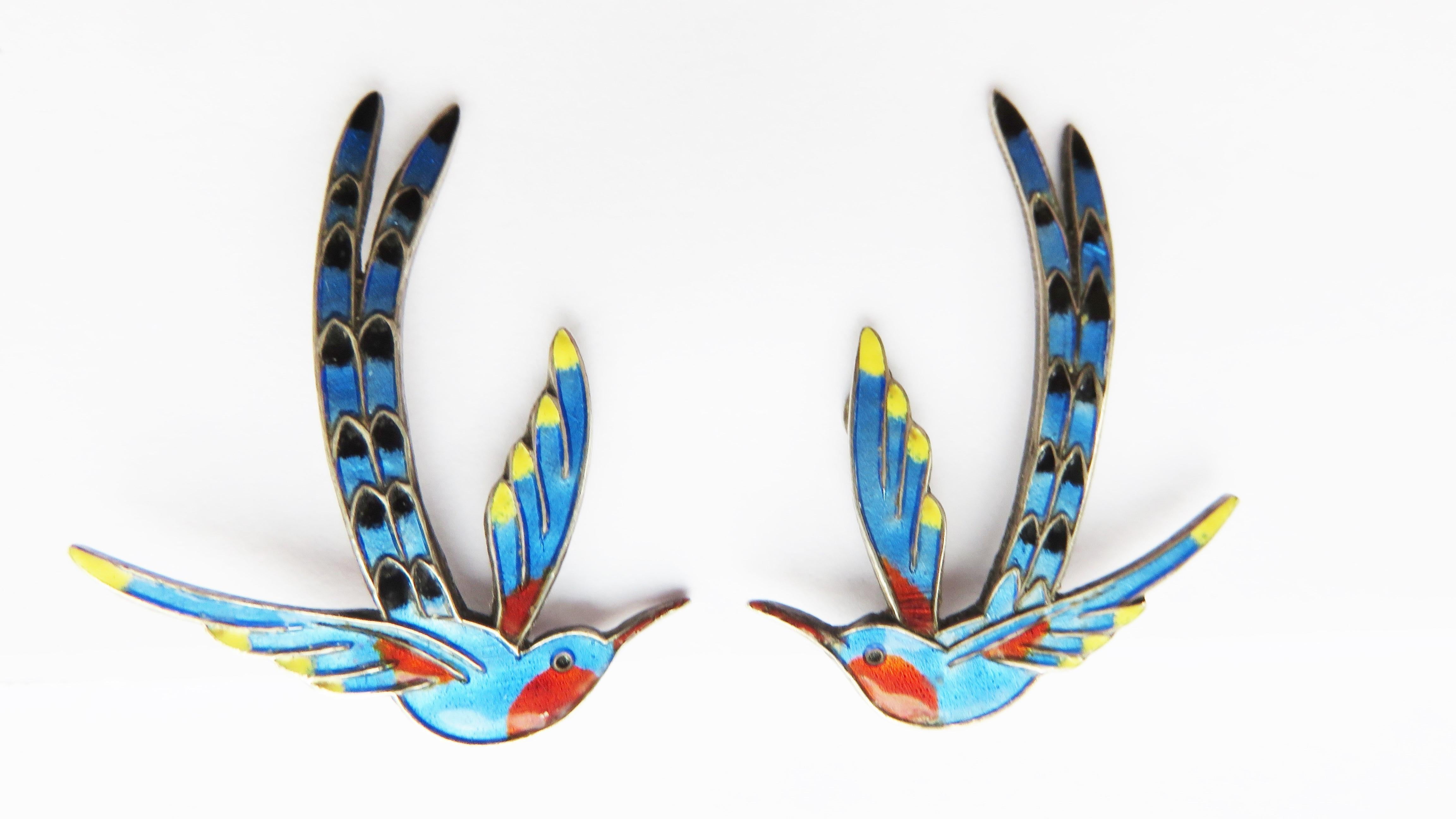 Dragsted 1950s Sterling Silver Enamel Hummingbird Earrings 3