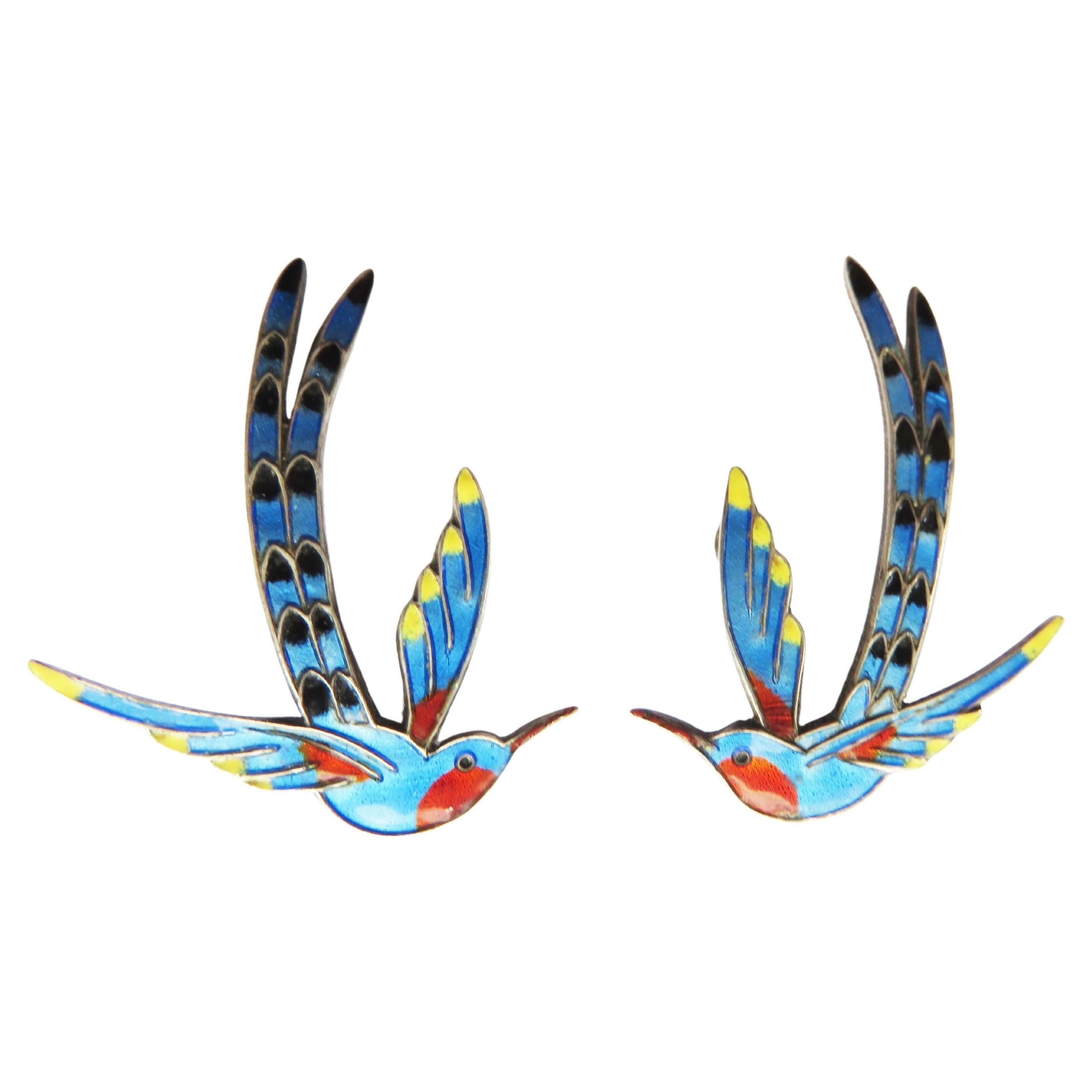 Dragsted 1950s Sterling Silver Enamel Hummingbird Earrings