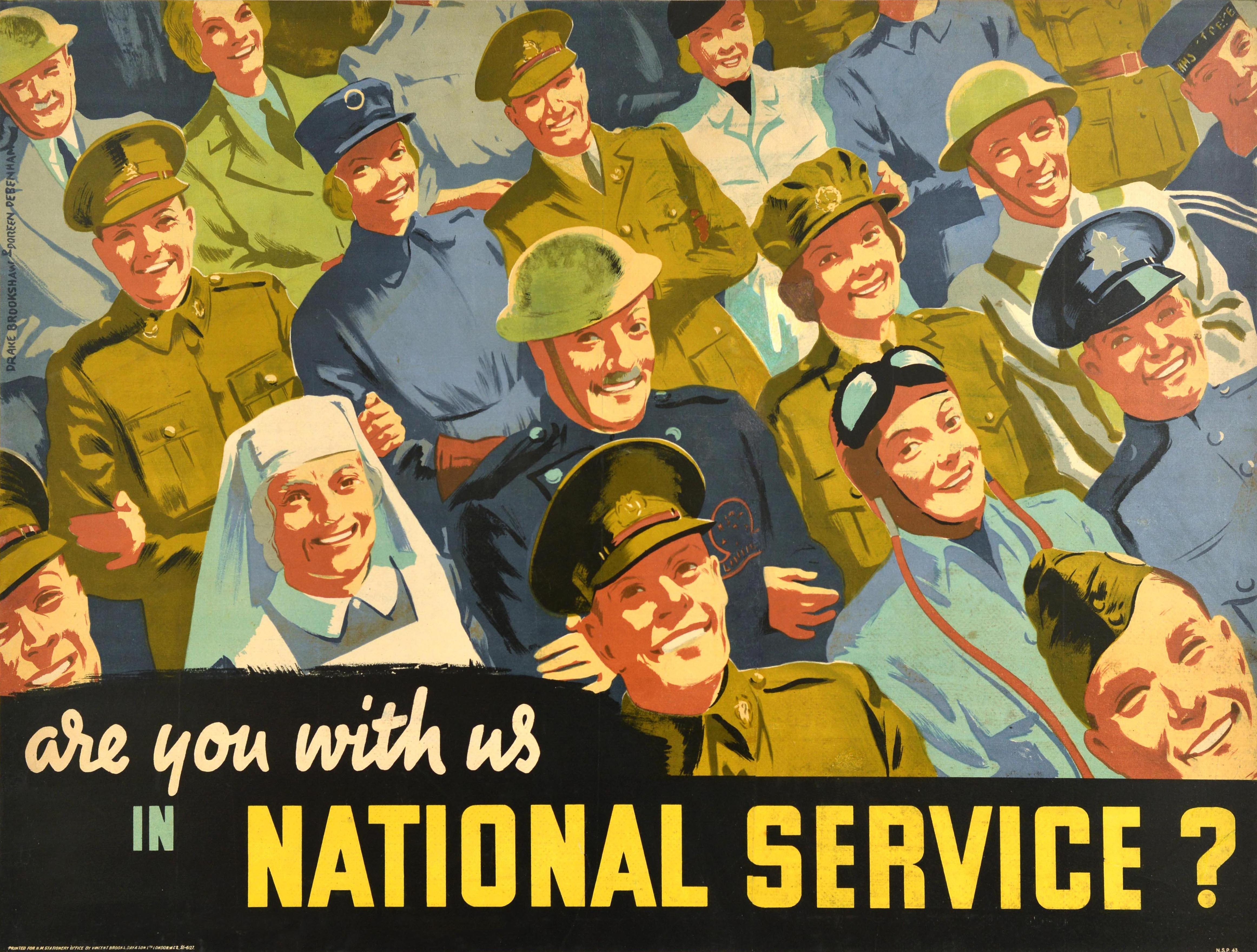 Drake Brookshaw and Doreen Debenham Print – Original Vintage-Poster aus dem Zweiten Weltkrieg, „ Are You With Us In National Service Duty War Effort“