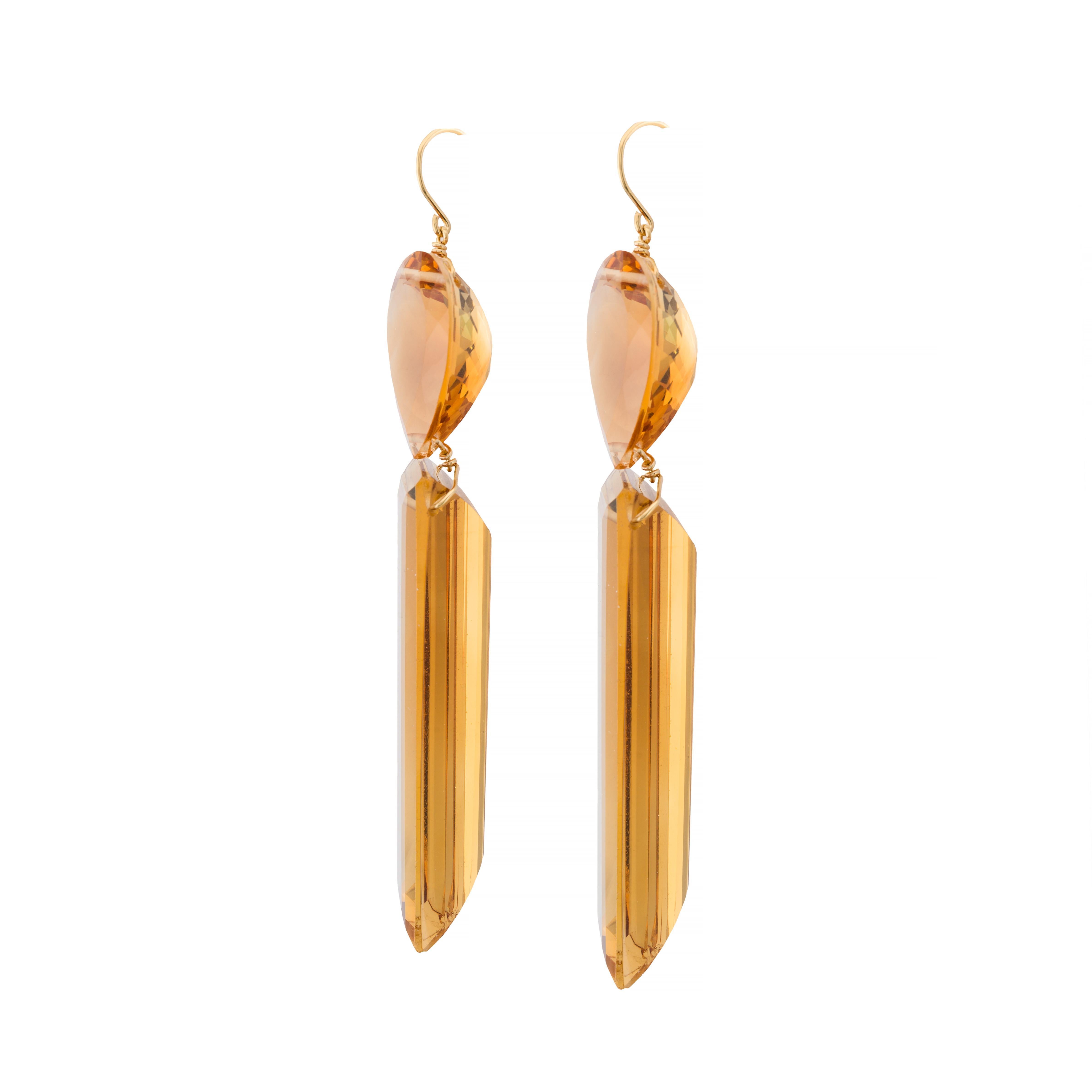 Modern Dramatic 137Ctw Pear & Emerald Cut Citrine Dangle Earrings in 18K Yellow Gold For Sale