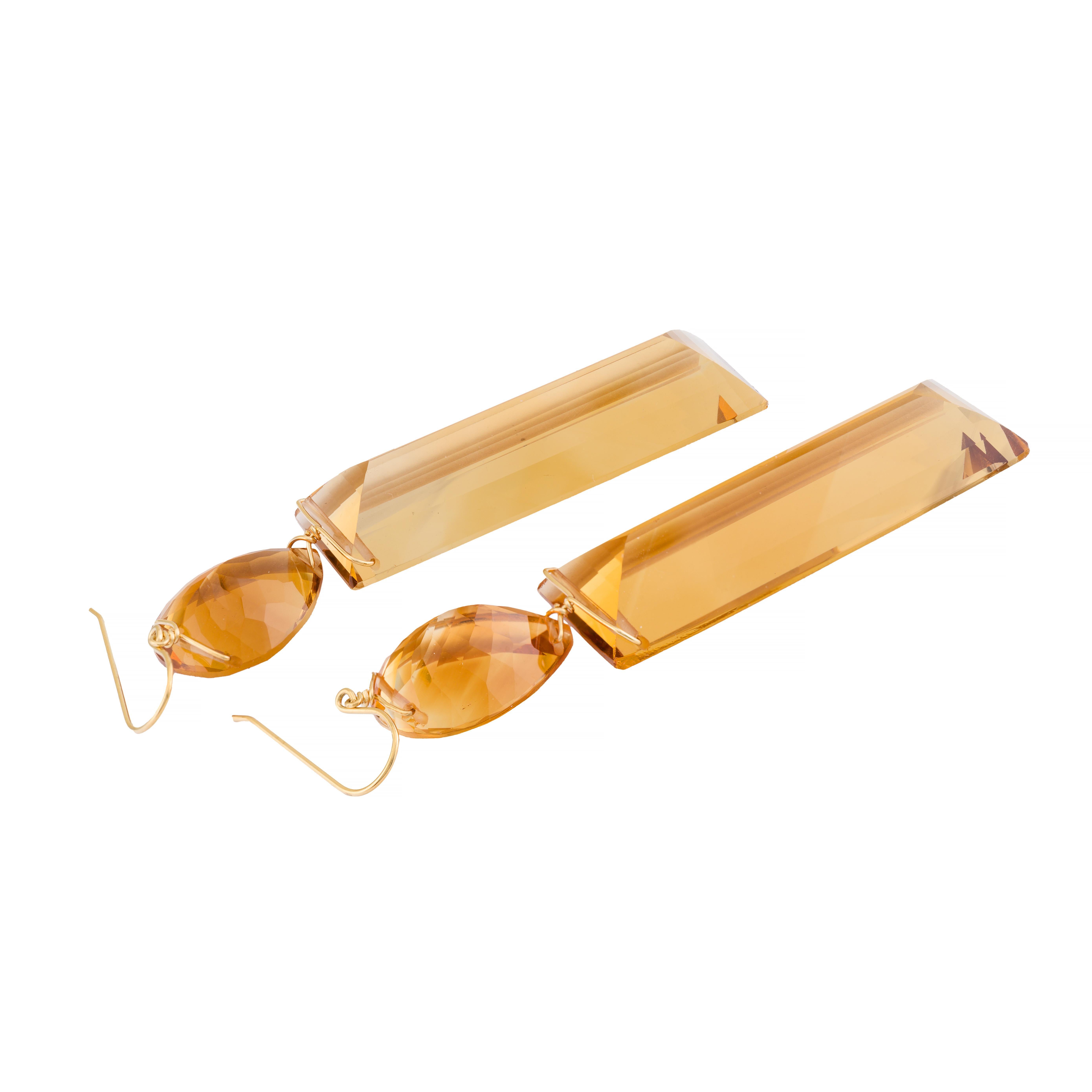 Women's Dramatic 137Ctw Pear & Emerald Cut Citrine Dangle Earrings in 18K Yellow Gold For Sale