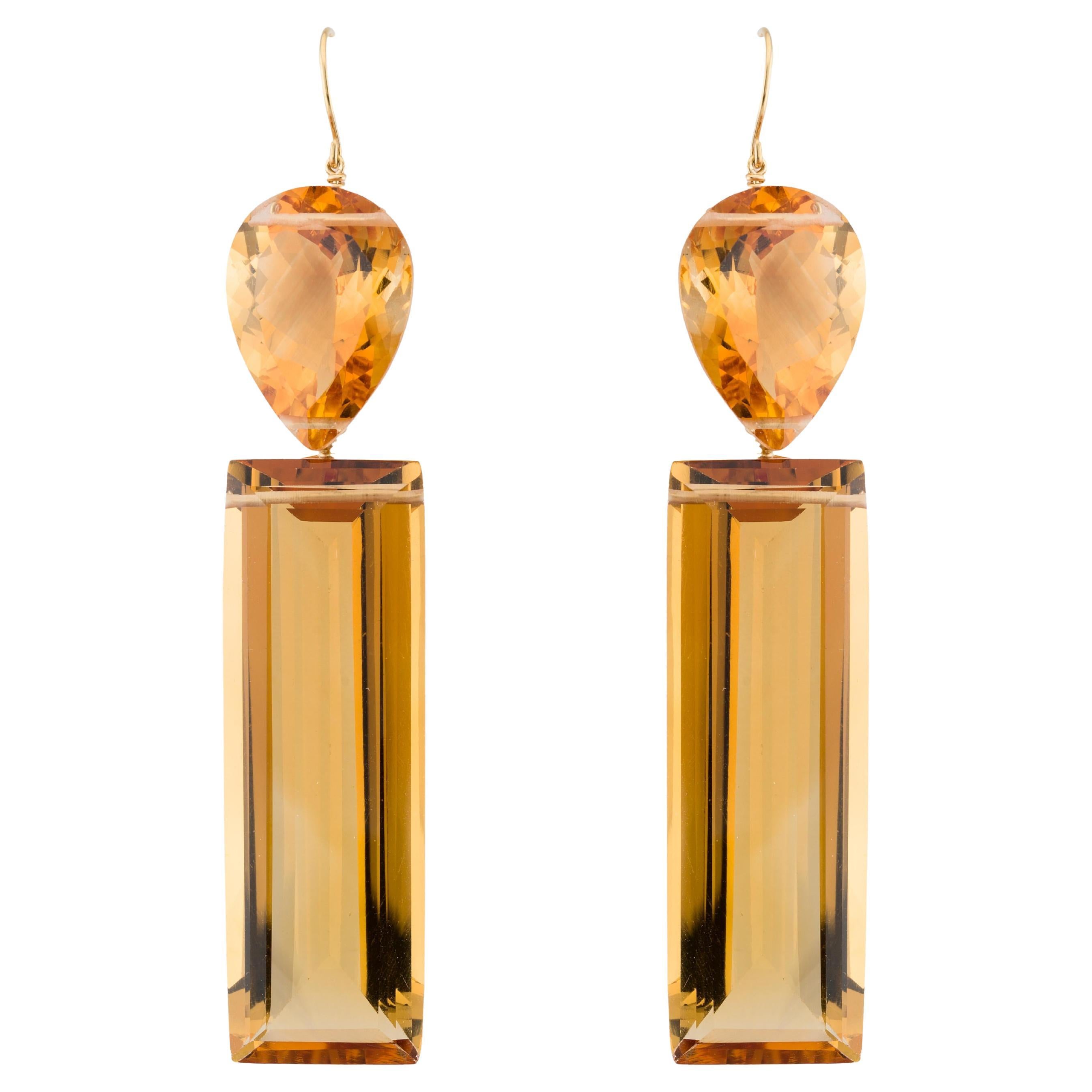 Dramatic 137Ctw Pear & Emerald Cut Citrine Dangle Earrings in 18K Yellow Gold