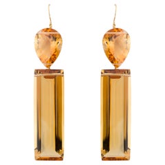 Dramatic 137Ctw Pear & Emerald Cut Citrine Dangle Earrings in 18K Yellow Gold