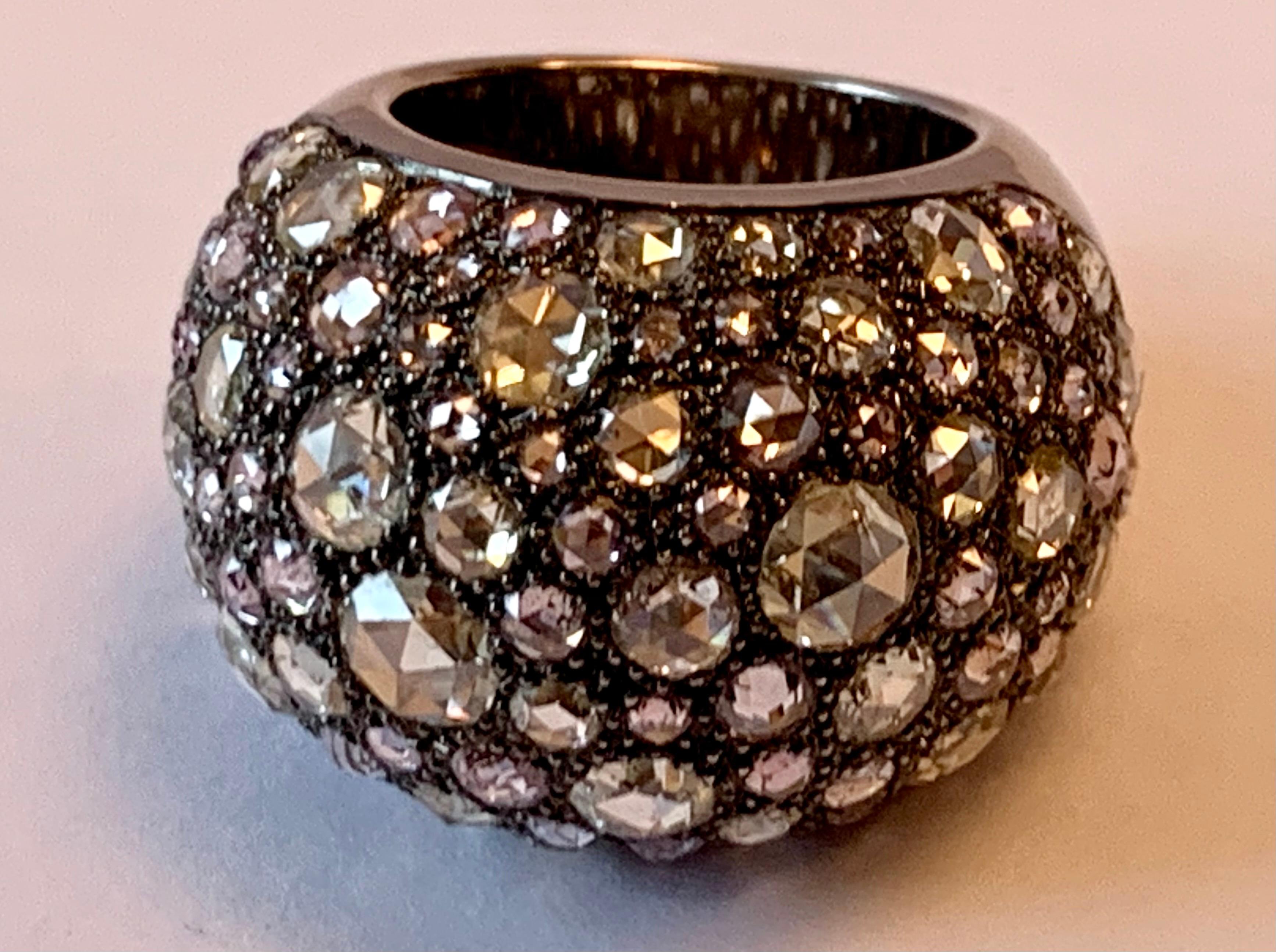 Women's Dramatic 18K White Gold Black Rhodium Pave Ring with Colored Rose Cut Diamonds For Sale