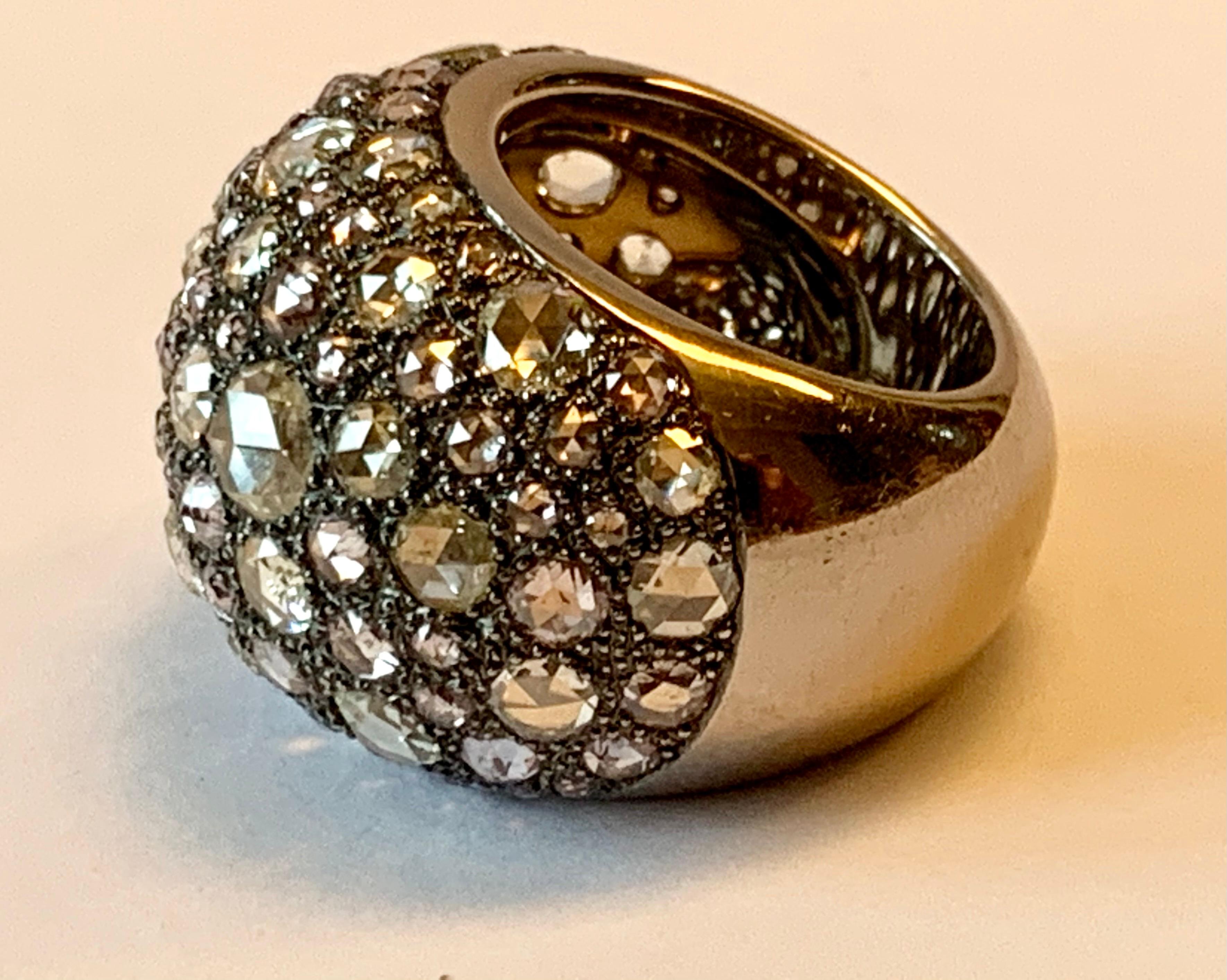 Dramatic 18K White Gold Black Rhodium Pave Ring with Colored Rose Cut Diamonds For Sale 1