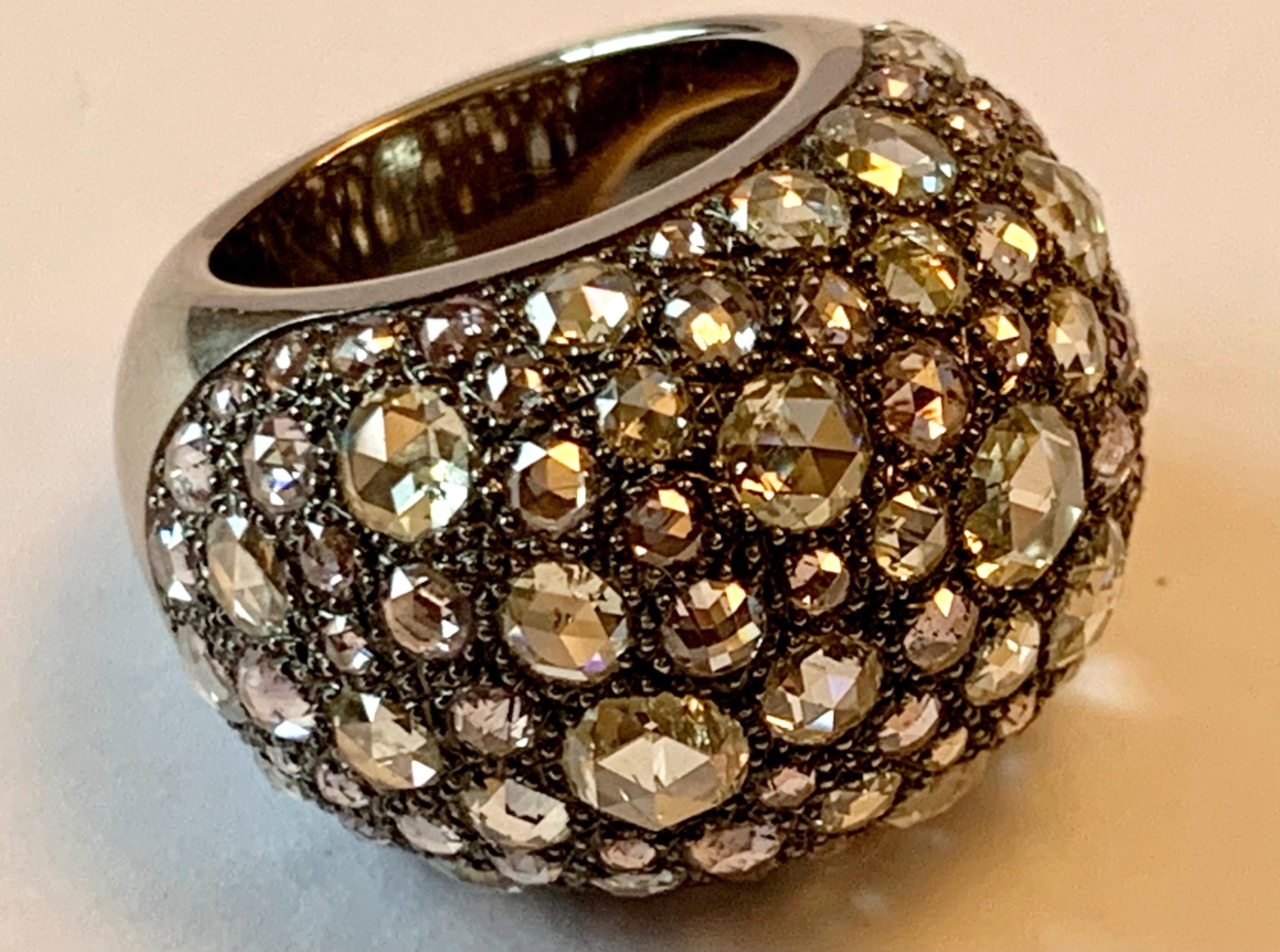 Dramatic 18K White Gold Black Rhodium Pave Ring with Colored Rose Cut Diamonds For Sale 2