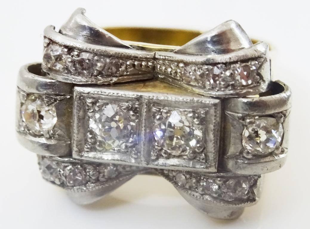 Retro Dramatic 18 karat Gold Cocktail ring with old cut European Diamonds For Sale