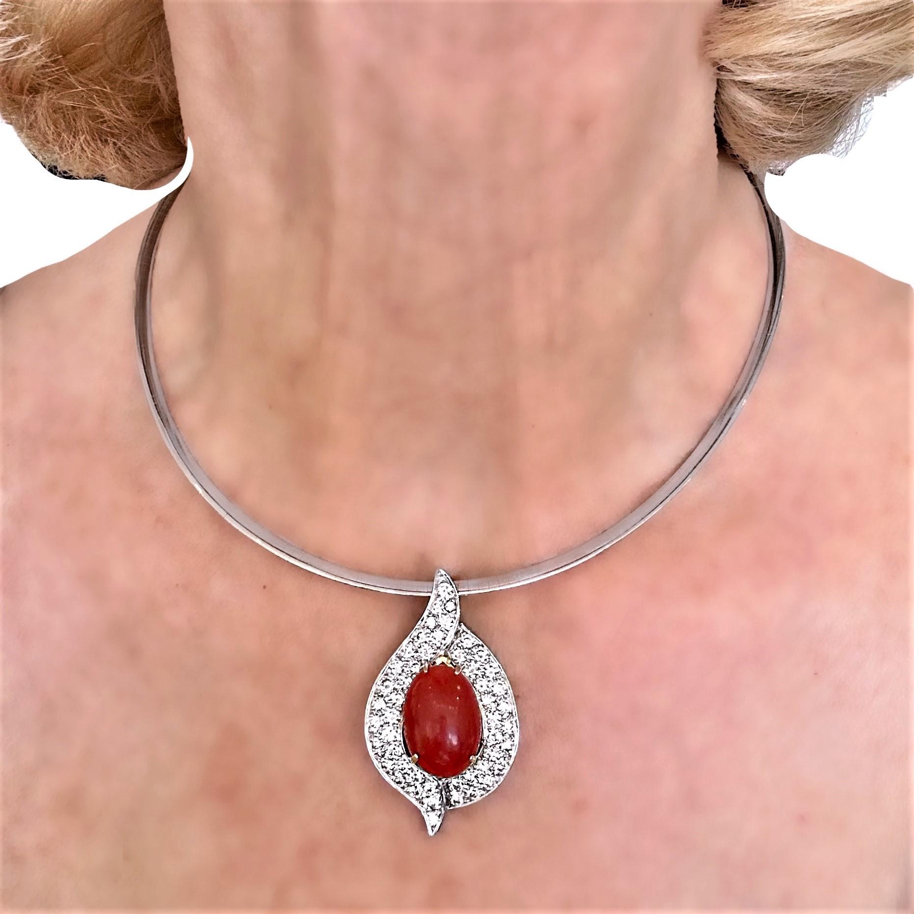Dramatic 18k Coral & Diamond Pendant By Emis Beros Shown on an Omega Choker For Sale 5