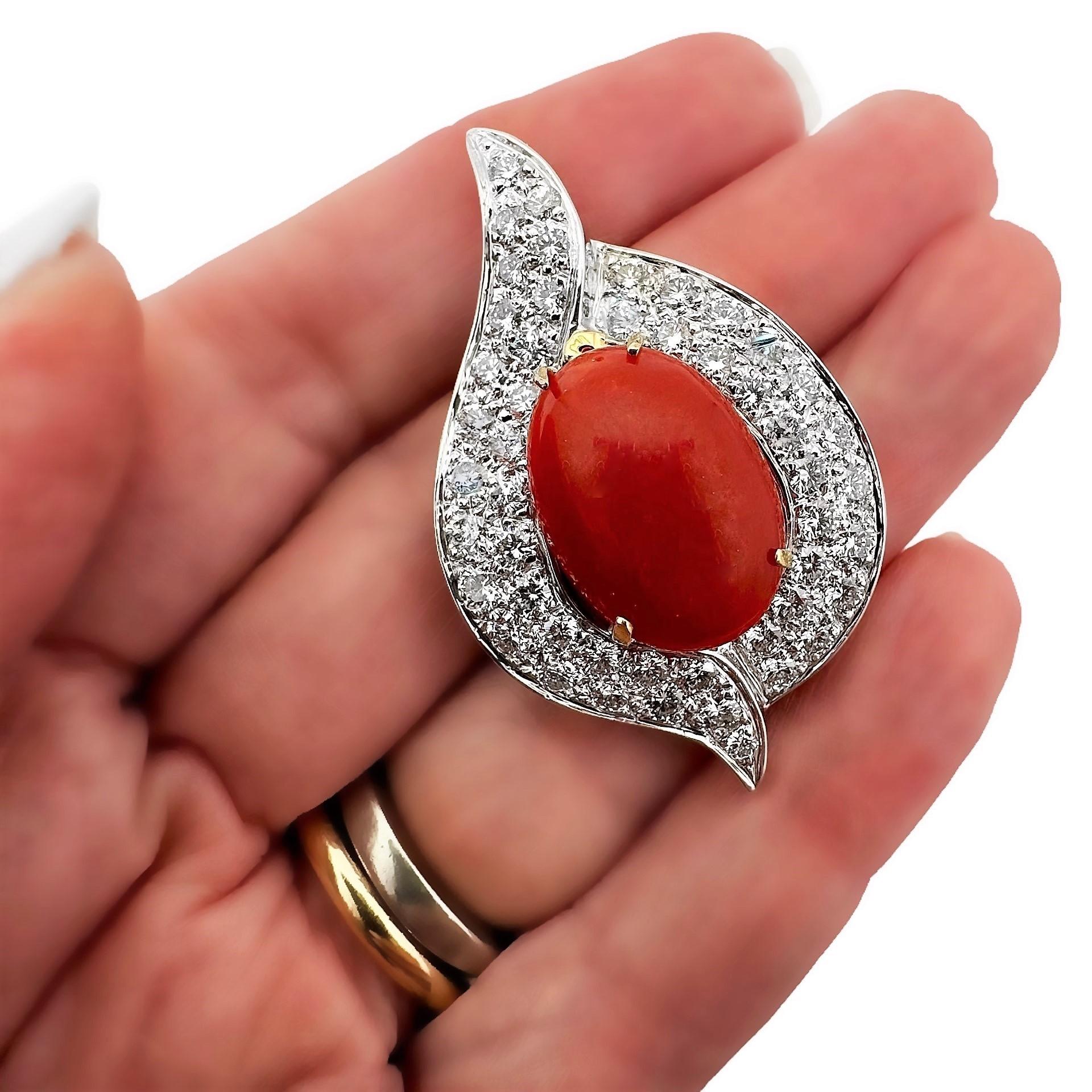 Dramatic 18k Coral & Diamond Pendant By Emis Beros Shown on an Omega Choker For Sale 3