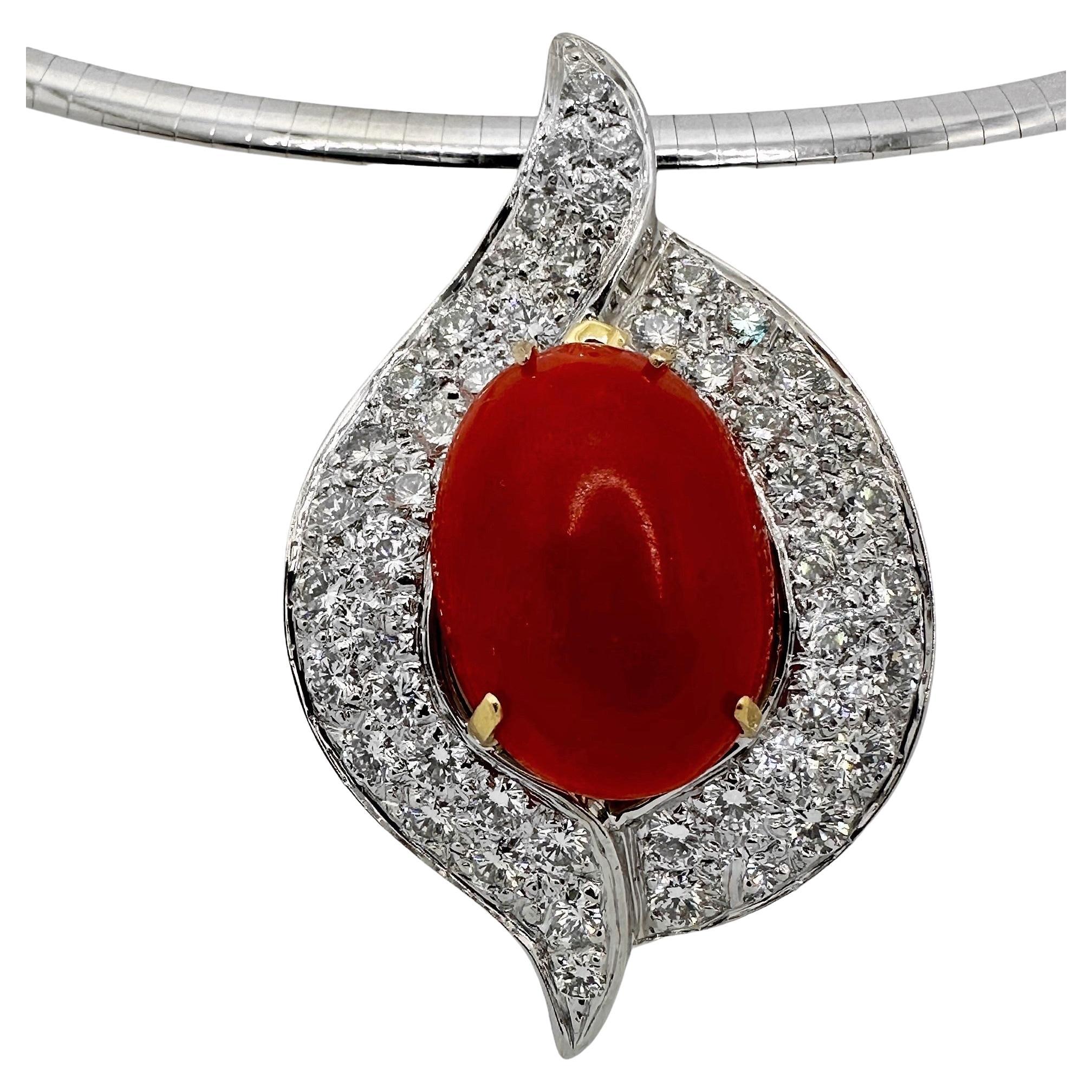 Dramatic 18k Coral & Diamond Pendant By Emis Beros Shown on an Omega Choker For Sale