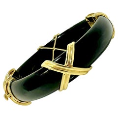 Dramatic 18K Gold and Onyx "X" Motif Bangle Bracelet by Designer Emis Beros