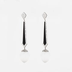 Estate Rock Crystal Onyx and Diamond Drop Earrings in 18K White Gold