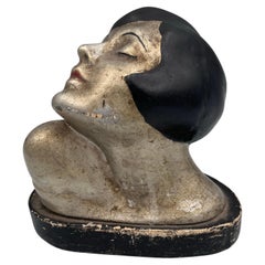 Dramatic 1920's Art Deco Tabletop Bust Sculpture of a Beautiful Flapper Lady