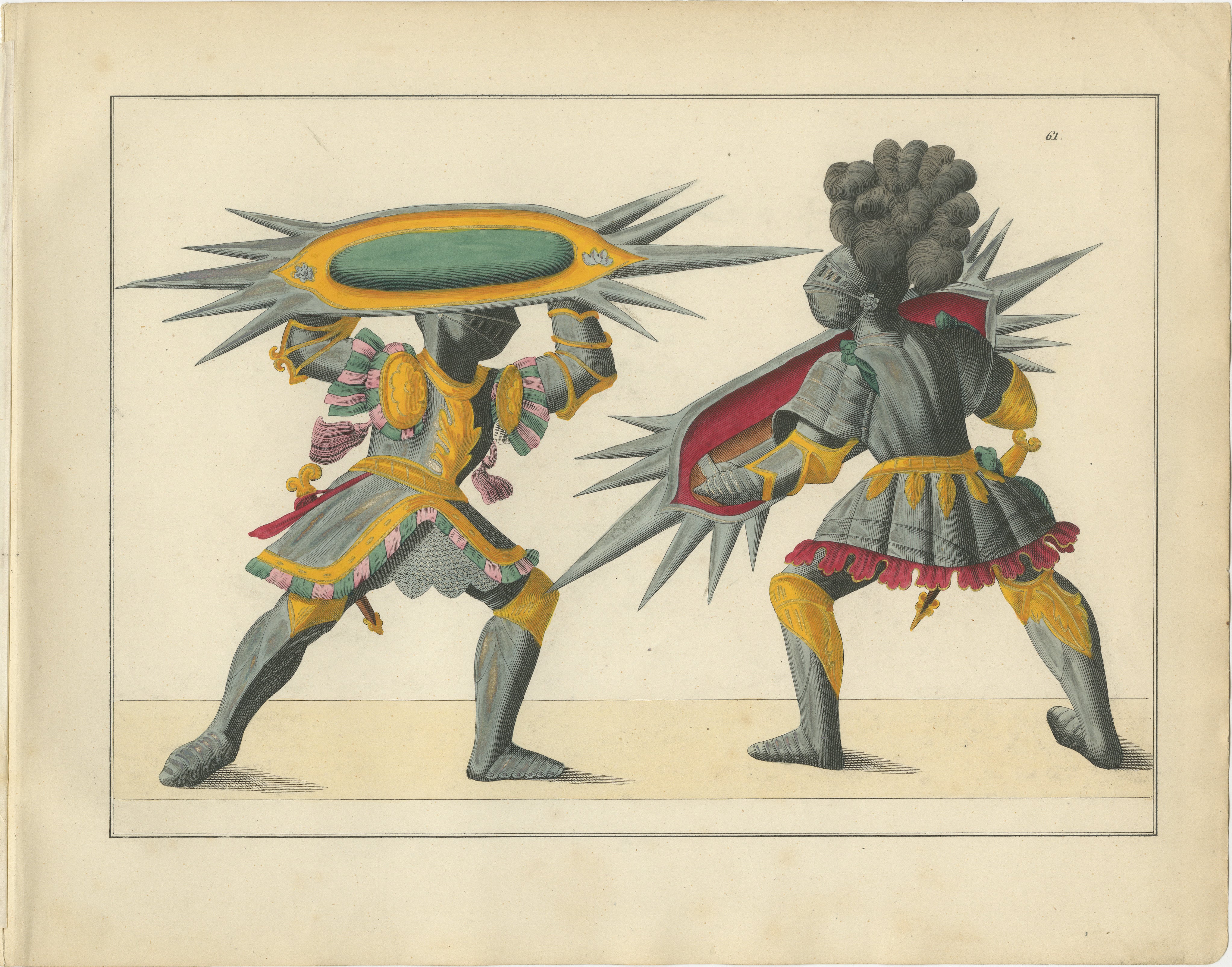 Title: Dramatic 19th-Century Lithograph of Knights with Elaborate Spiked Shields

Description: This remarkable hand-coloured lithograph features two armoured knights engaged in an intense duel with enormous, elaborately spiked shields. The print