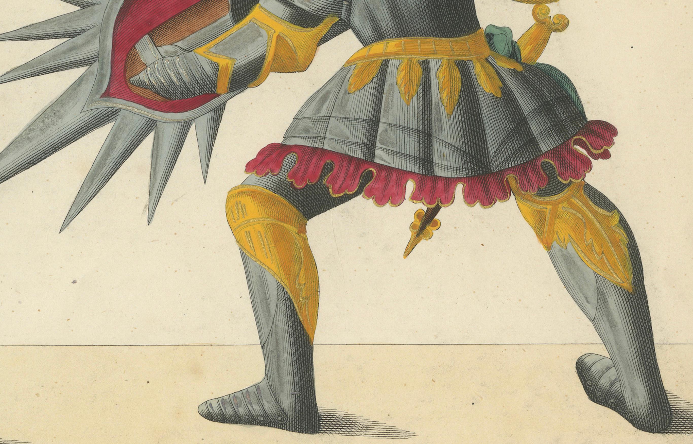 Dramatic 19th-Century Lithograph of Knights with Elaborate Spiked Shields In Good Condition For Sale In Langweer, NL