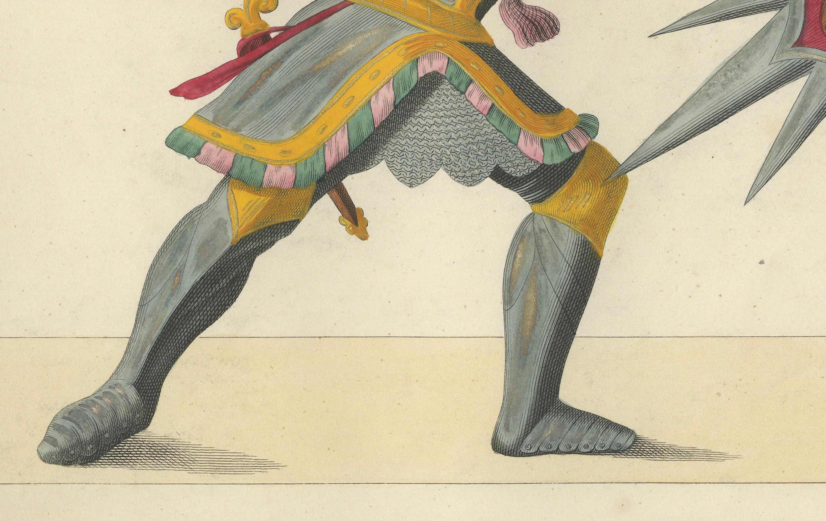Mid-19th Century Dramatic 19th-Century Lithograph of Knights with Elaborate Spiked Shields For Sale