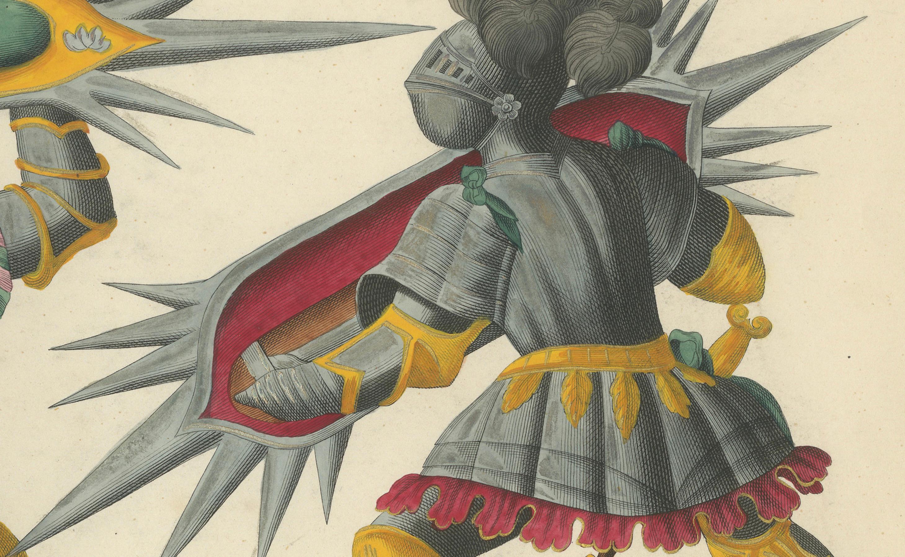 Paper Dramatic 19th-Century Lithograph of Knights with Elaborate Spiked Shields For Sale