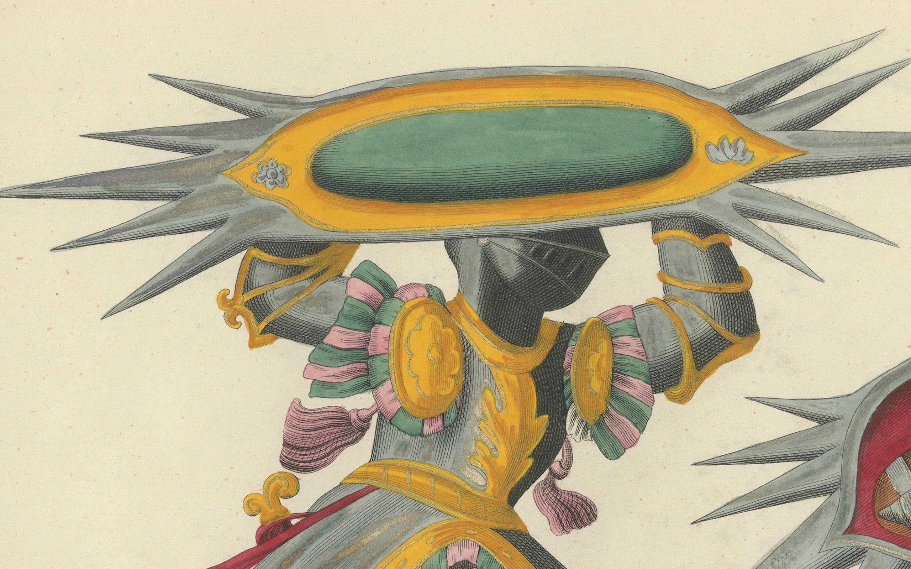 Dramatic 19th-Century Lithograph of Knights with Elaborate Spiked Shields For Sale 1