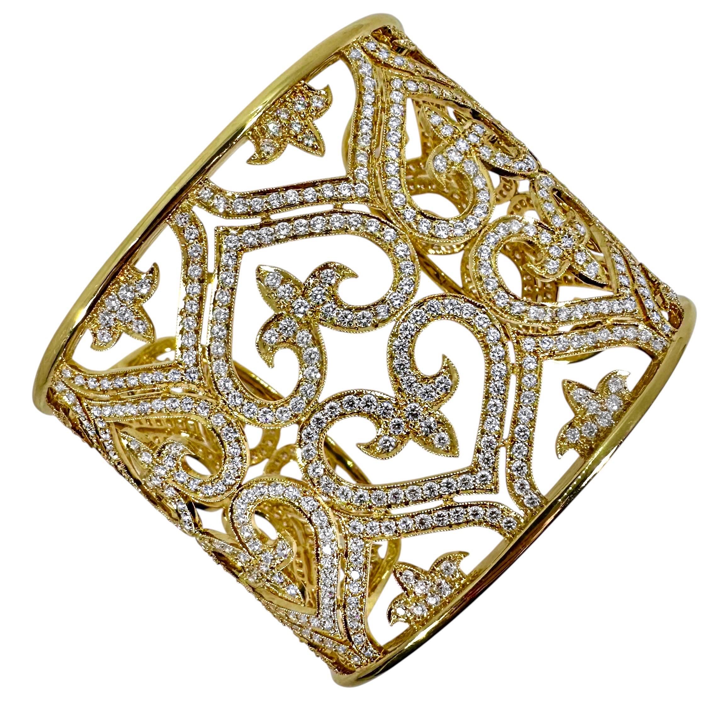 Dramatic 2 Inch Wide 18K Yellow Gold Diamond Encrusted Cuff Bracelet 15.50ct