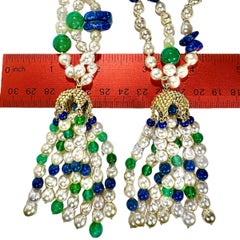 Dramatic 52 Inches 3 Strand Cultured Pearl, Colored Stone & Gold Lariat Necklace