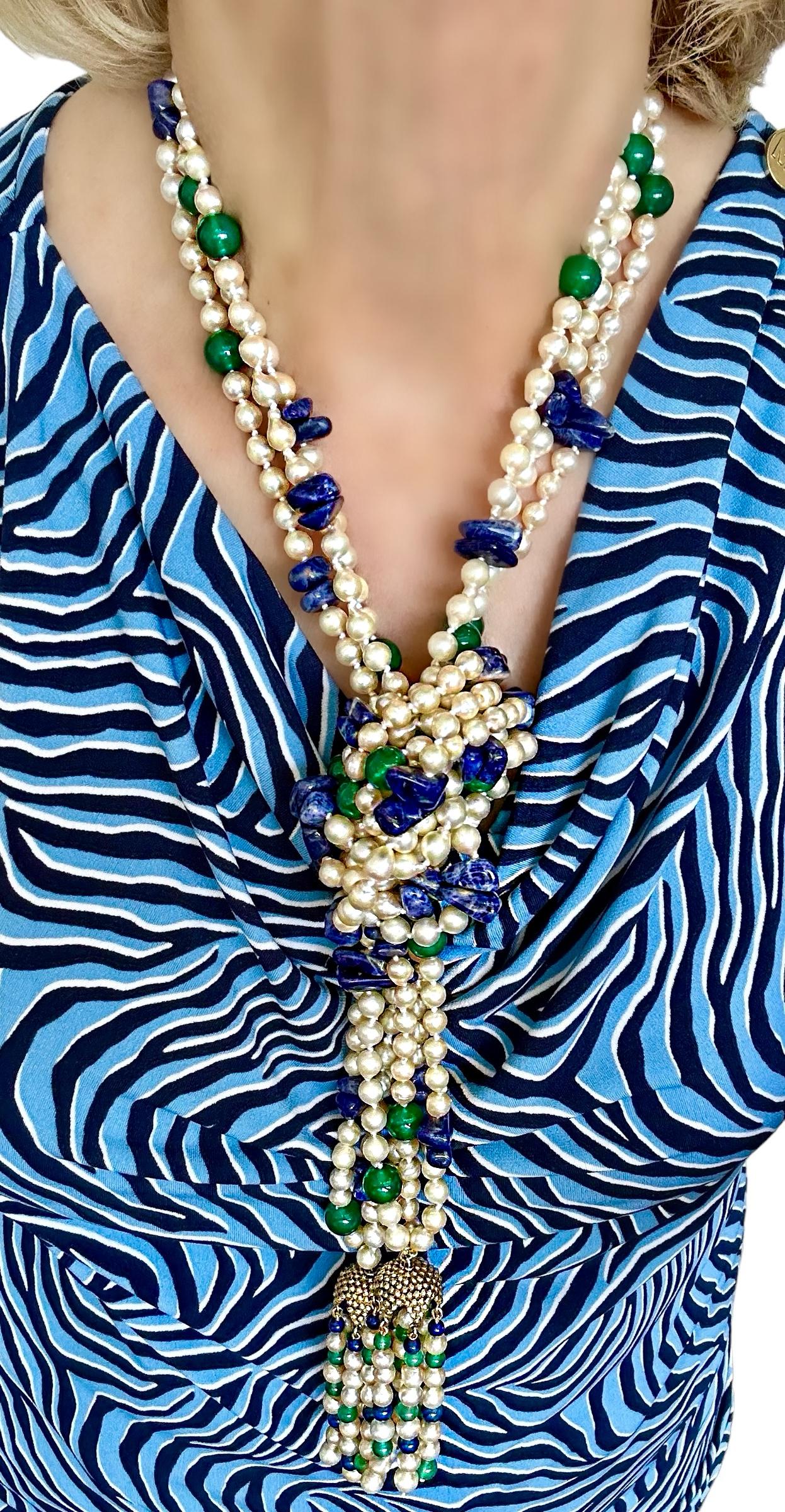 Dramatic 52 Inches 3 Strand Cultured Pearl, Colored Stone & Gold Lariat Necklace In Good Condition For Sale In Palm Beach, FL