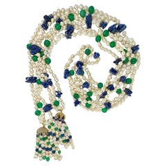 Retro Dramatic 52 Inches 3 Strand Cultured Pearl, Colored Stone & Gold Lariat Necklace
