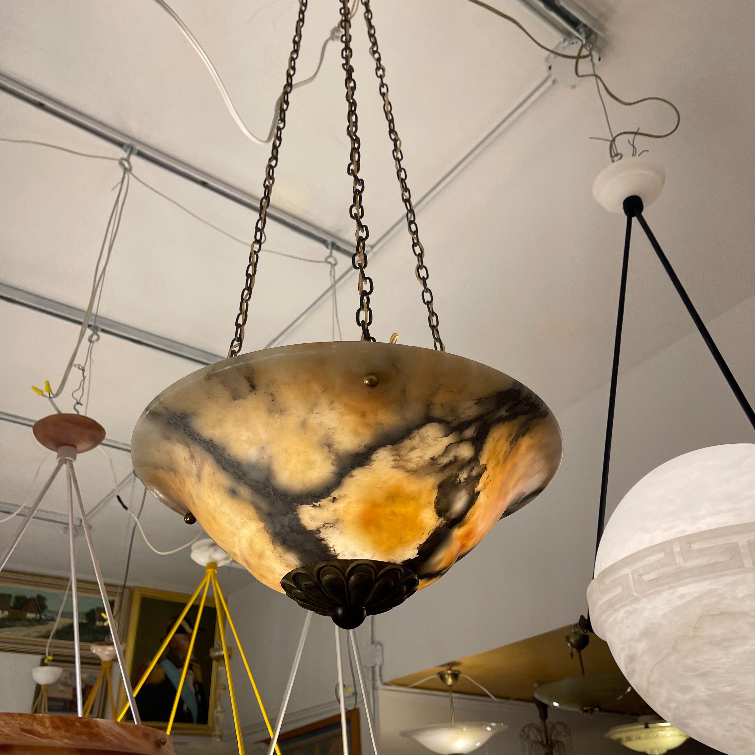 Carved Dramatic Amber and Black Alabaster Light Fixture, Sweden, 1910-1920 For Sale