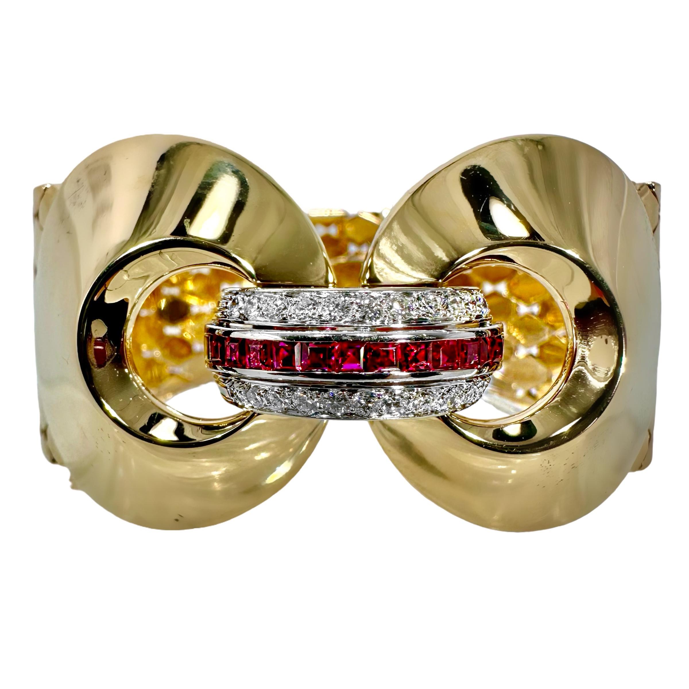 This Retro Period American bracelet embodies all the drama and high style of the best jewelry, art, and architecture of the era. A center platinum domed plate is set with a single line of square cut, natural rubies, flanked by 22 Late European cut