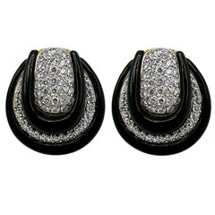 Dramatic and Large 1970's 18K Gold Onyx and Diamond Clip-on Earrings