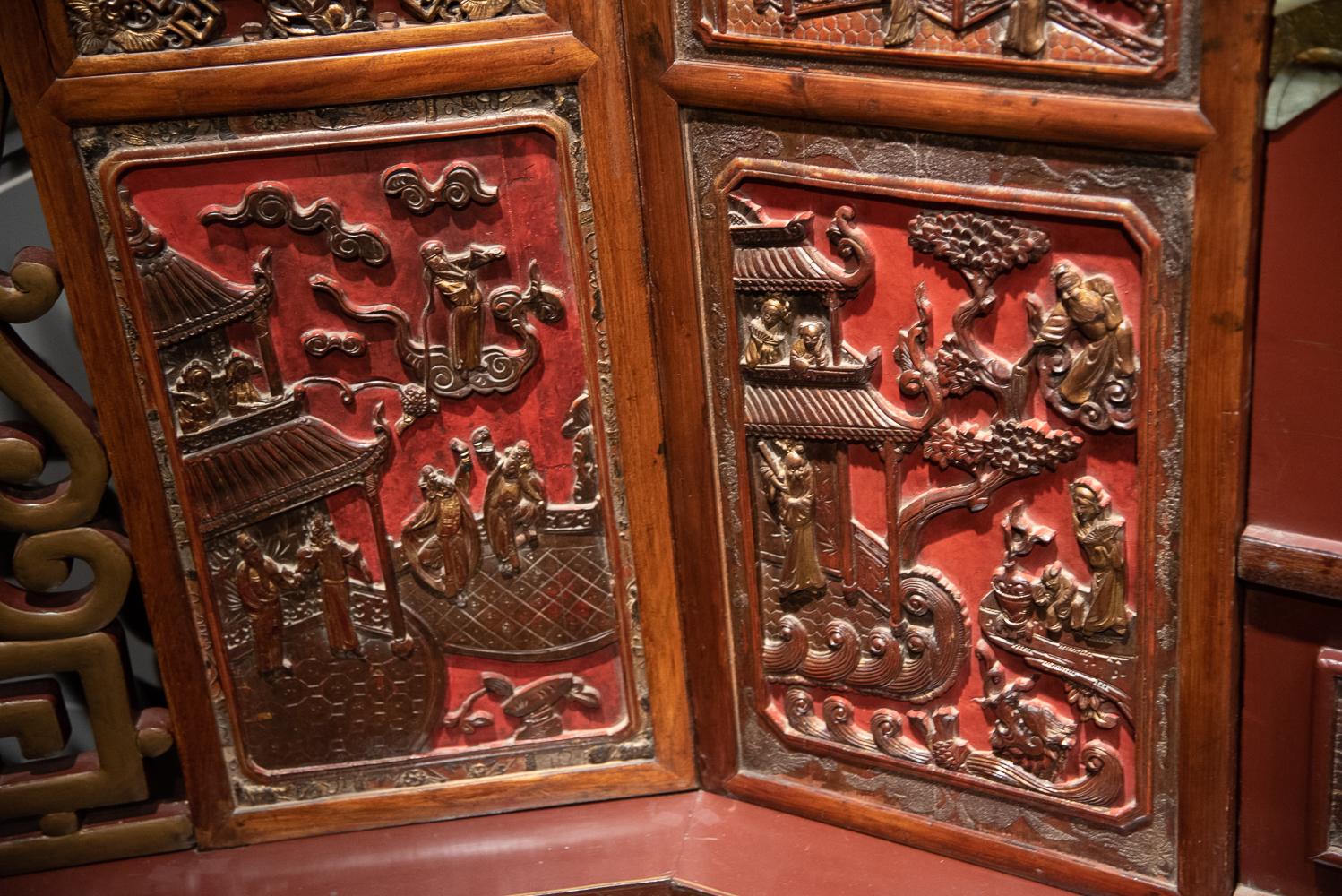 Dramatic and Large Antique Chinese Red Lacquer Screen 1