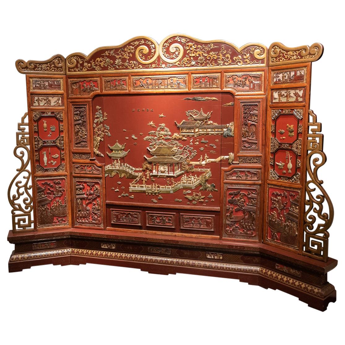 Dramatic and Large Antique Chinese Red Lacquer Screen