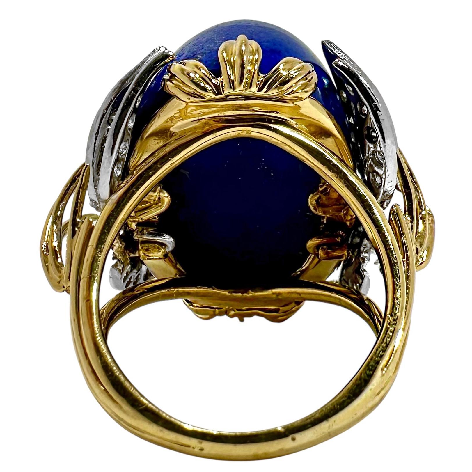 Dramático Anillo de Cóctel de Oro Vintage Lapislázuli y Diamantes Cabujón en venta